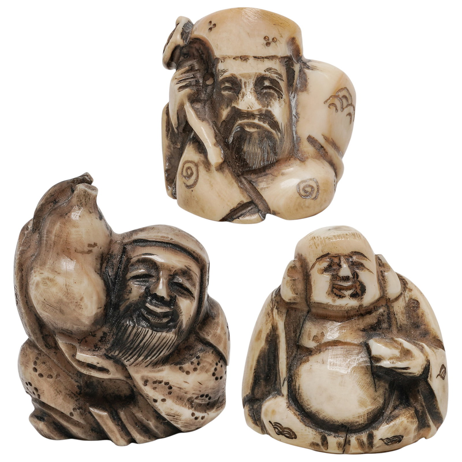 (3 pc) Japanese Carved Bone Seven Lucky Gods Netsukes (1 of 6)