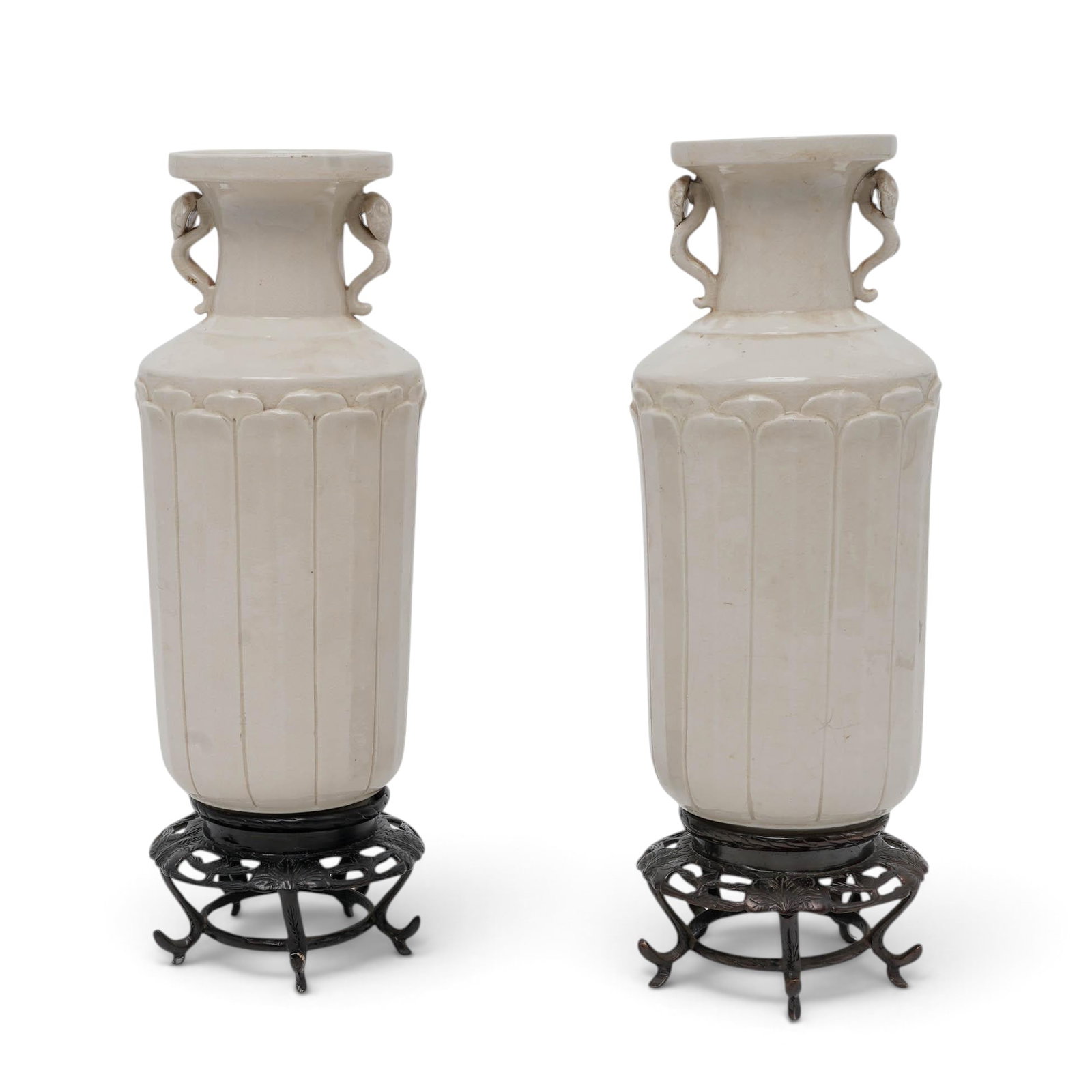 Pair Antique Chinese Blanc De Chine Dehua Porcelain Vases: Pair Antique Chinese Blanc De Chine Dehua Porcelain Vases Late 18th to 19th Cent. Chinese Matched pair of Chinese export Blanc de Chine porcelain vases Each features a creamy white glaze, molded lotus
