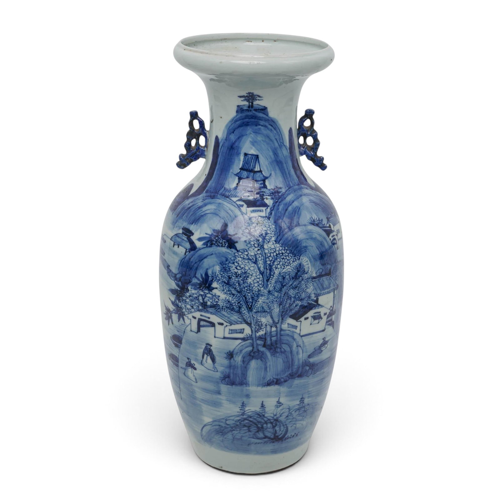 Antique Large Chinese Blue & White Porcelain Baluster Vase: Antique Large Chinese Blue & White Porcelain Baluster Vase late 19th to mid-20th century, Chinese Large Chinese blue and white porcelain baluster vase, featuring a hand-painted mountainous waterside v