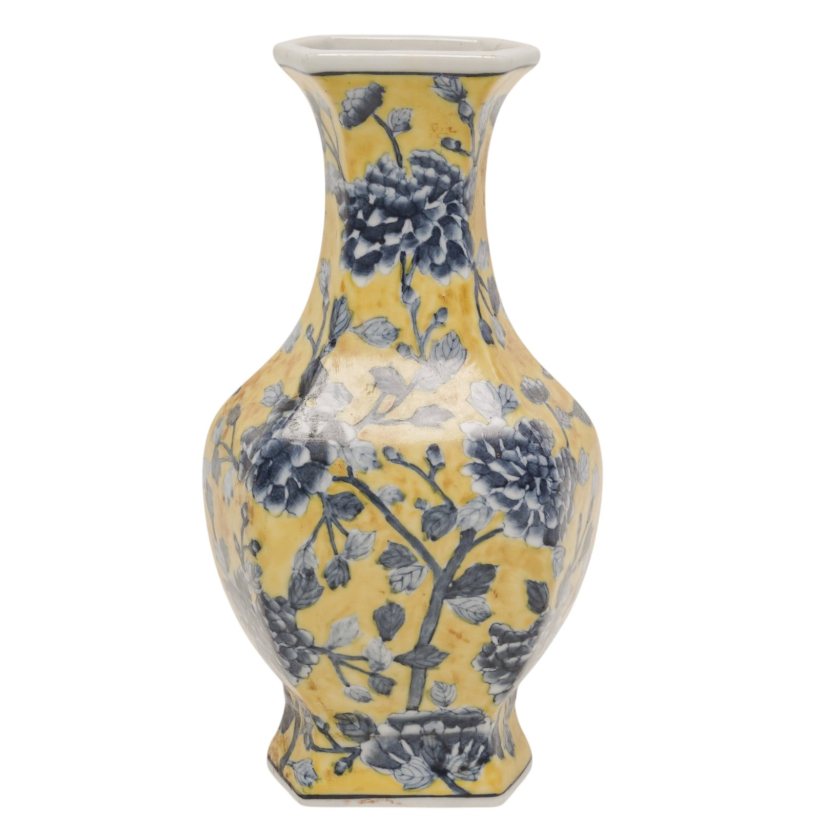 Vintage Chinese Yellow Floral Porcelain Vase: Vintage Chinese Yellow Floral Porcelain Vase 20th century, Chinese Chinese porcelain vase featuring a vibrant yellow enamel ground decorated with contrasting blue-and-white style peonies and blossomin