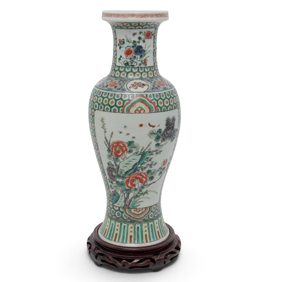 Chinese Famille Verte Porcelain Vase: Chinese Famille Verte Porcelain Vase 19th-early 20th-century, Chinese Decorated with vibrant floral and naturalistic scenes in green, orange, and blue enamels, with geometric borders along the neck an