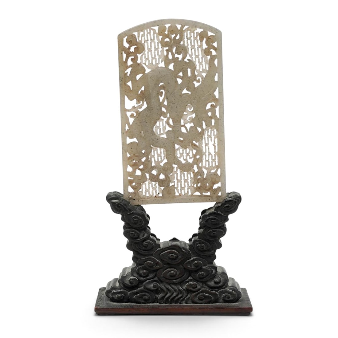 Chinese Qing Carved White Jade Plaque With Wooden Stand (1 of 8)