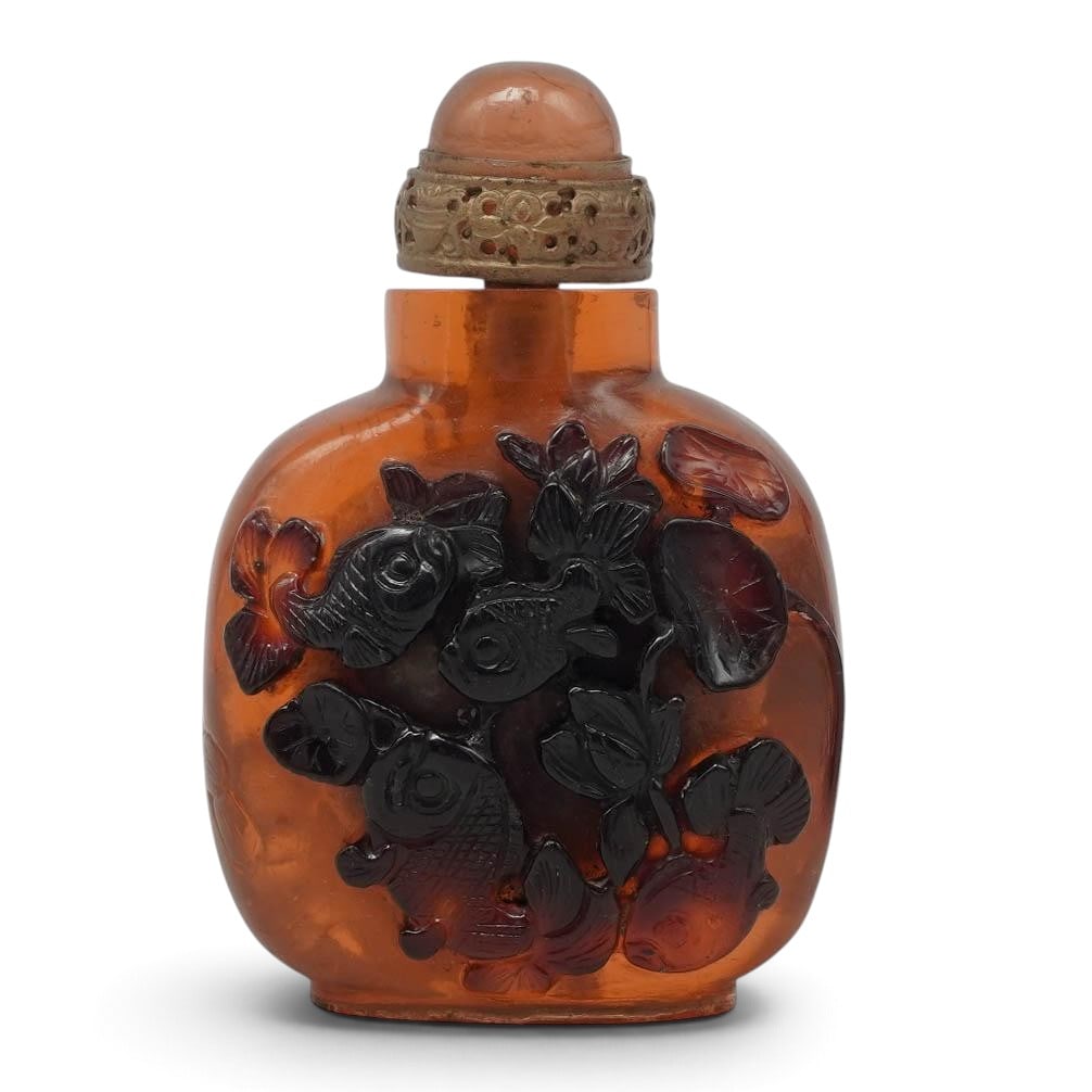 Chinese Carved Amber Koi Fish Snuff Bottle (1 of 9)