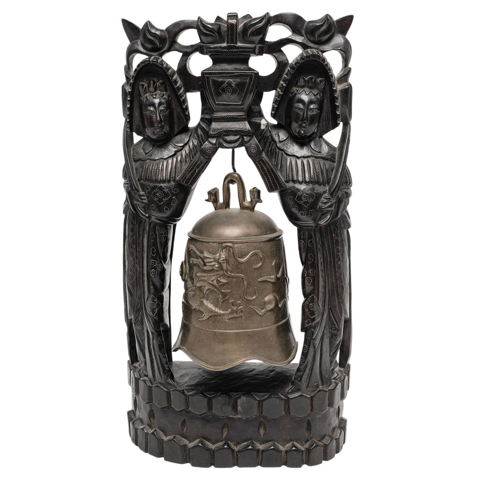 Chinese Temple Bell & Gong Ebonized Wood Stand: Chinese Temple Bell & Gong Ebonized Wood Stand Late 19th-early 20th century, Chinese Antique Chinese temple bell and gong stand, dating from the late 19th to early 20th century. Features a cast bronze