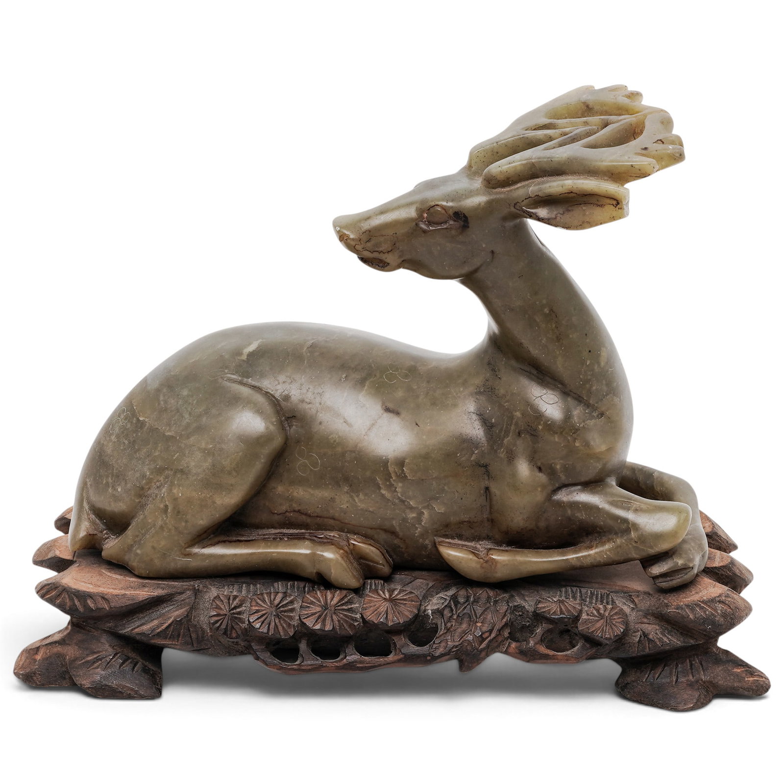 Chinese Carved Soapstone Deer Sculpture With Wooden Base (1 of 7)