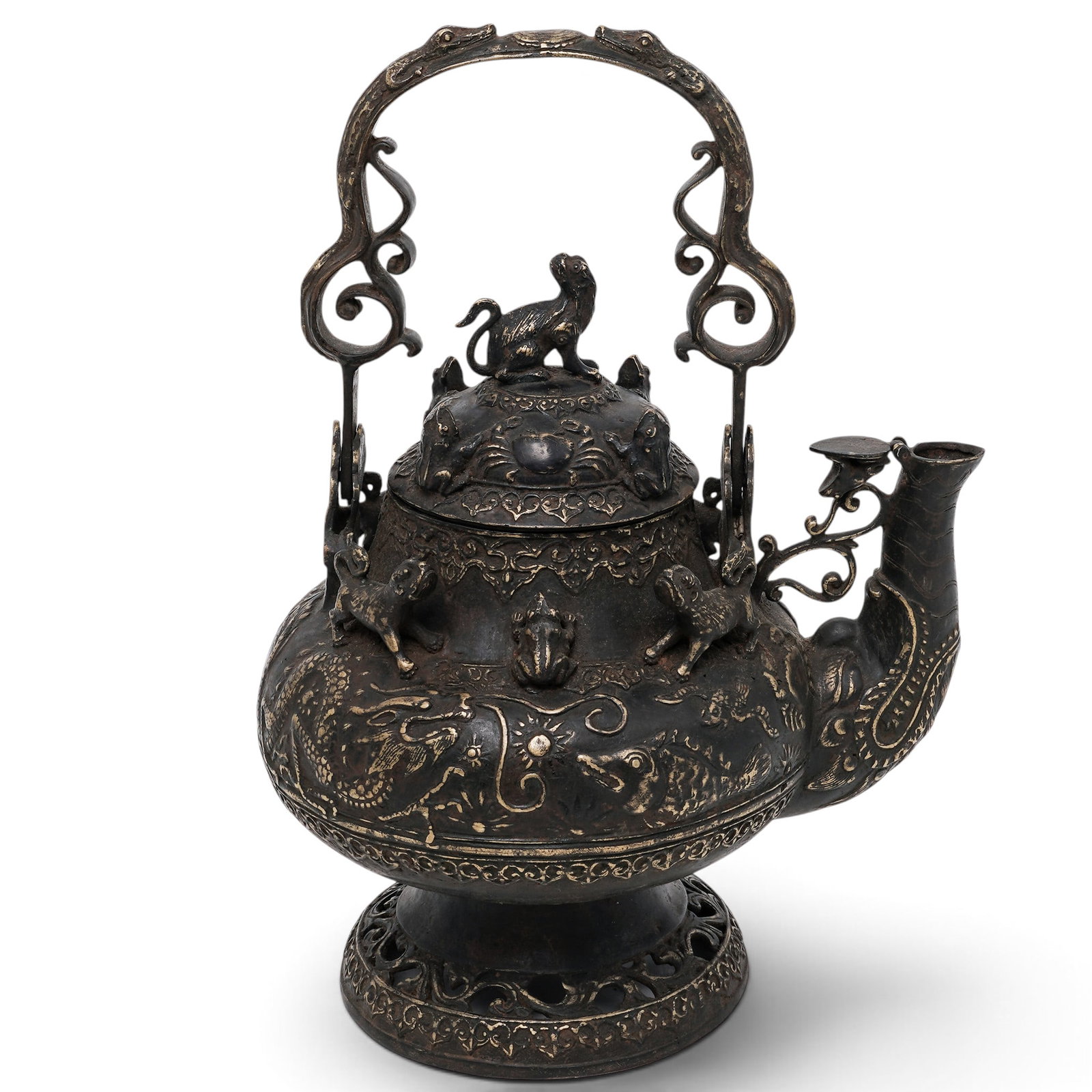Borneo Zoomorphic Bronze Ritual Kettle: Borneo Zoomorphic Bronze Ritual Kettle 19th century. Malaysia Borneo zoomorphic bronze ritual kettle decorated with animalistic features throughout, and completed with gilt accents. H 12.25" x H (hand