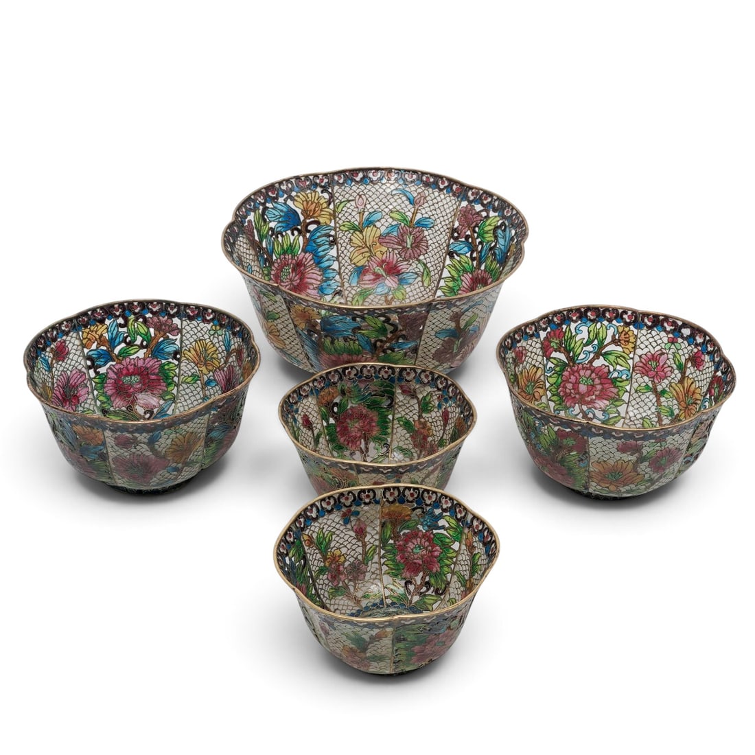(5 pc) Chinese Plique-a-Jour Enamel Bowls: (5 pc) Chinese Plique-a-Jour Enamel Bowls c. 1920s–1940s, Chinese This set features traditional Chinese plique-à-jour translucent enamel bowls with delicate floral motifs and openwork gilt-brass