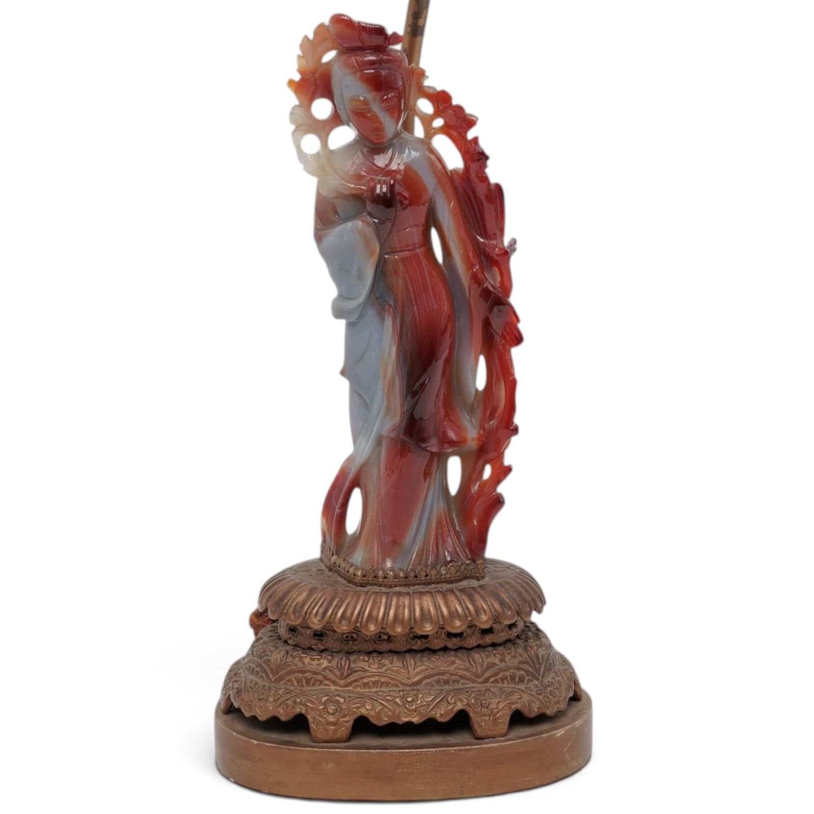 Chinese Carved Carnelian Agate & Bronze Guanyin Table Lamp: Chinese Carved Carnelian Agate & Bronze Guanyin Table Lamp early 20th century, Chinese Chinese carved banded carnelian agate figure of Guanyin, the Buddhist Goddess of Mercy, displaying natural swirls
