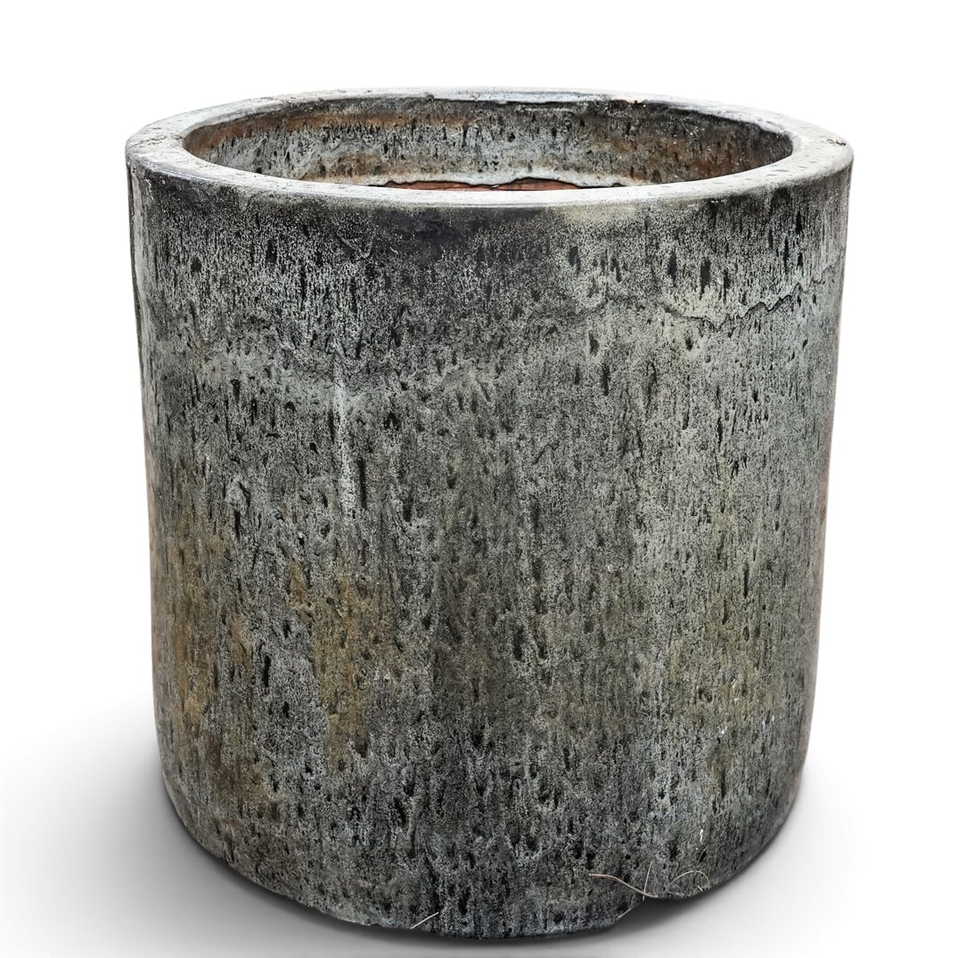 Mid Cent. Terracotta Lava Glaze Planter: Mid Cent. Terracotta Lava Glaze Planter Mid-Late 20th century Rustic glazed terracotta cylinder planter featuring a mottled volcanic or lava-style textured finish and a contrasting reddish terracotta
