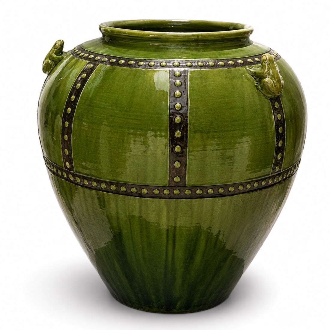 Martaban Terracotta Bottle Green Glazed Planter: Martaban Terracotta Bottle Green Glazed Planter 20th century Martaban jar. These massive, ovoid terracotta urns feature a vibrant bottle-green glaze, vertical studded straps mimicking iron banding,