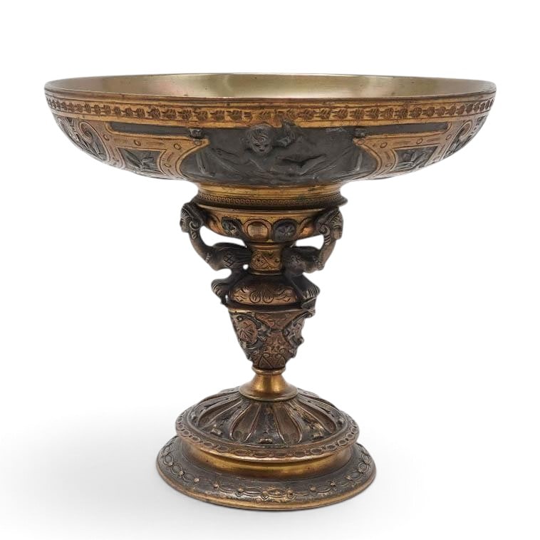 Antique French Neo Classica Gilt Bronze Tazza: Antique French Neo Classica Gilt Bronze Tazza Late 19th Century, France Antique gilt and patinated bronze Neo-Classical tazza, featuring a shallow circular bowl with a raised central medallion depicti