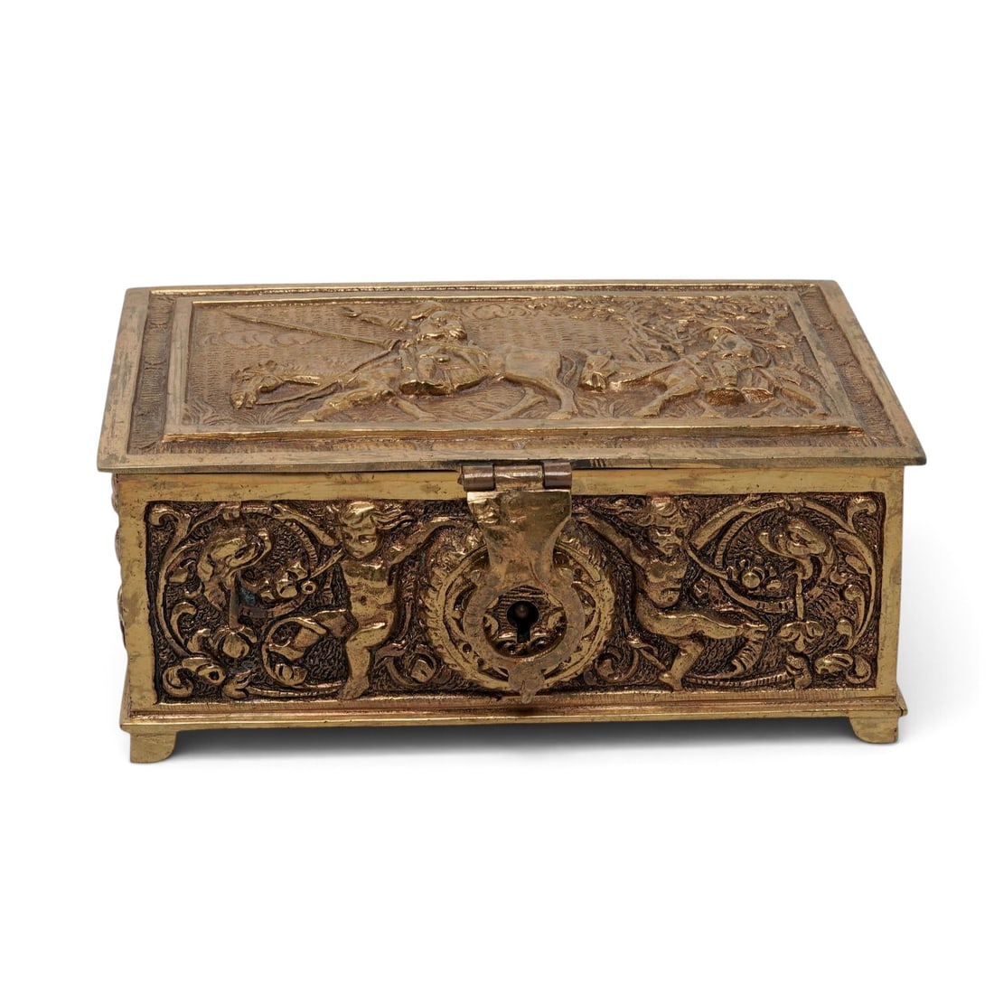 Antique Spanish Don Quixote Brass Jewelry Box: Antique Spanish Don Quixote Brass Jewelry Box Early to mid 20th Cent., Spanish This Spanish cast-brass jewelry box features a detailed high-relief scene in its hinged lid depicting Miguel de Cervantes