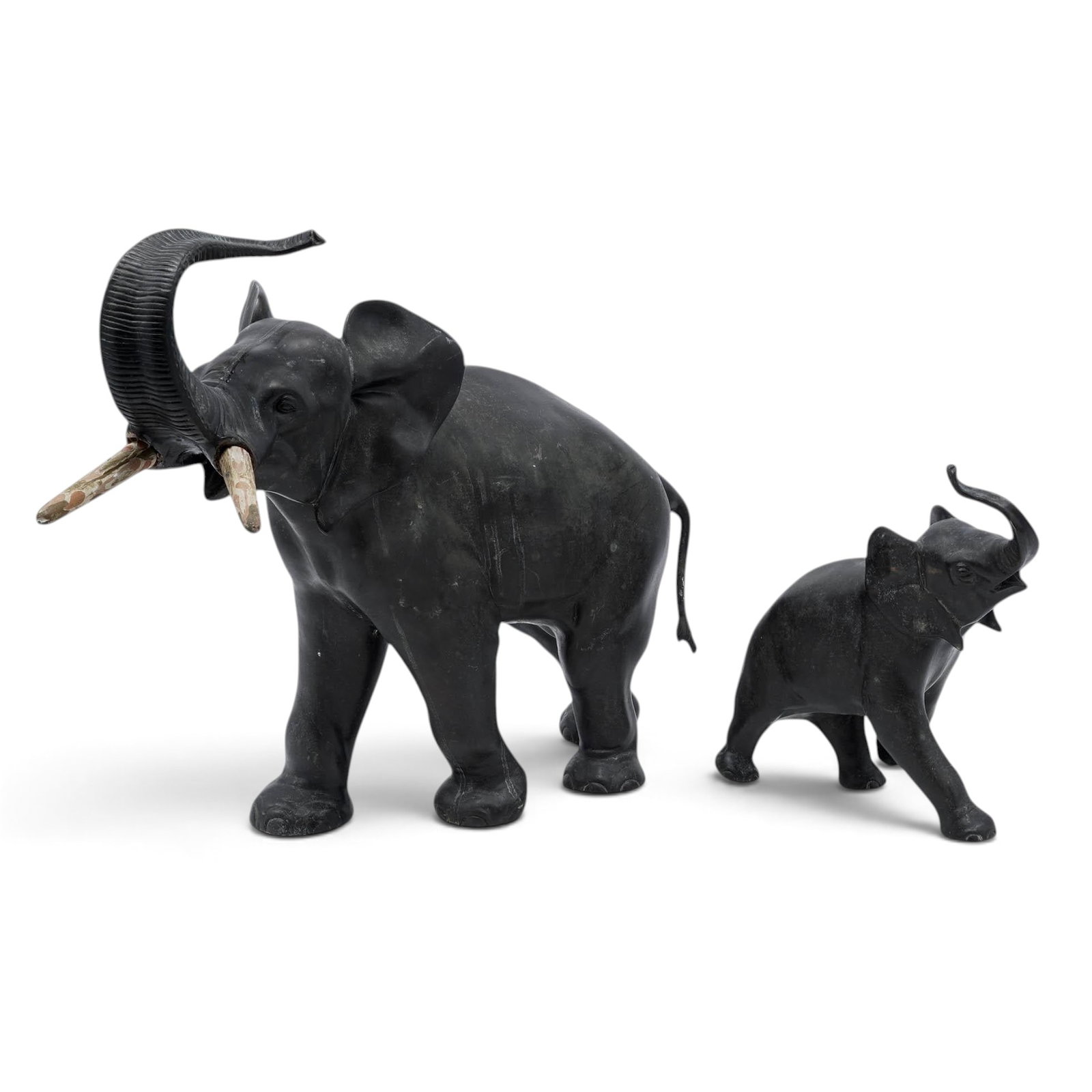 (2 pc) Vintage Cast Iron & Wood Mother & Baby Elephant Sculptures (1 of 9)