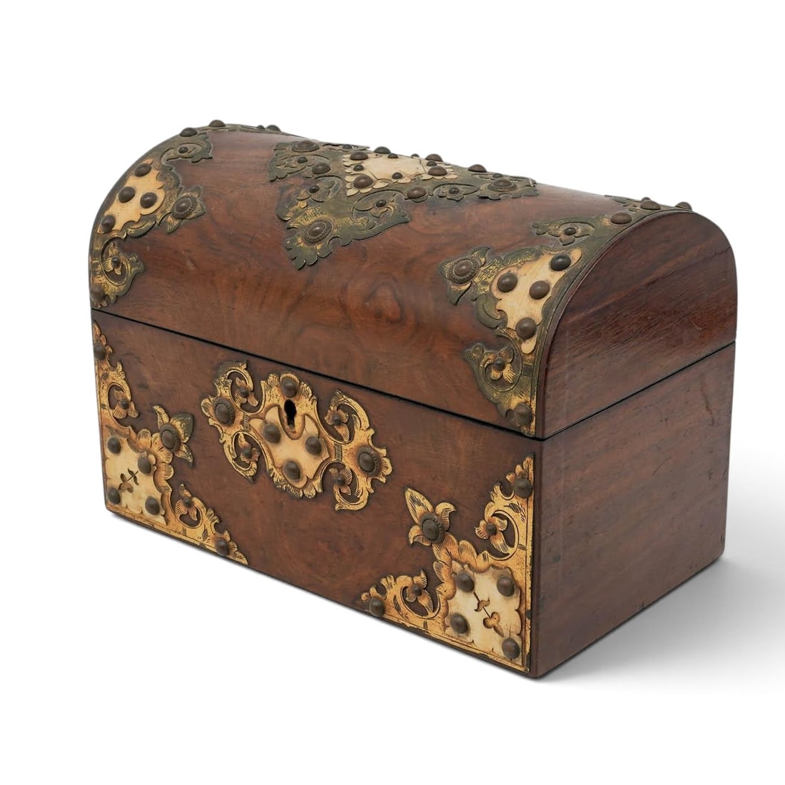 Victorian Brass & Carved Bone Mounted Wood Tea Caddy (1 of 12)