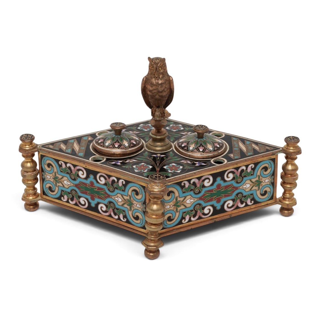 Antique French Champleve Enamel Double Inkwell (1 of 9)
