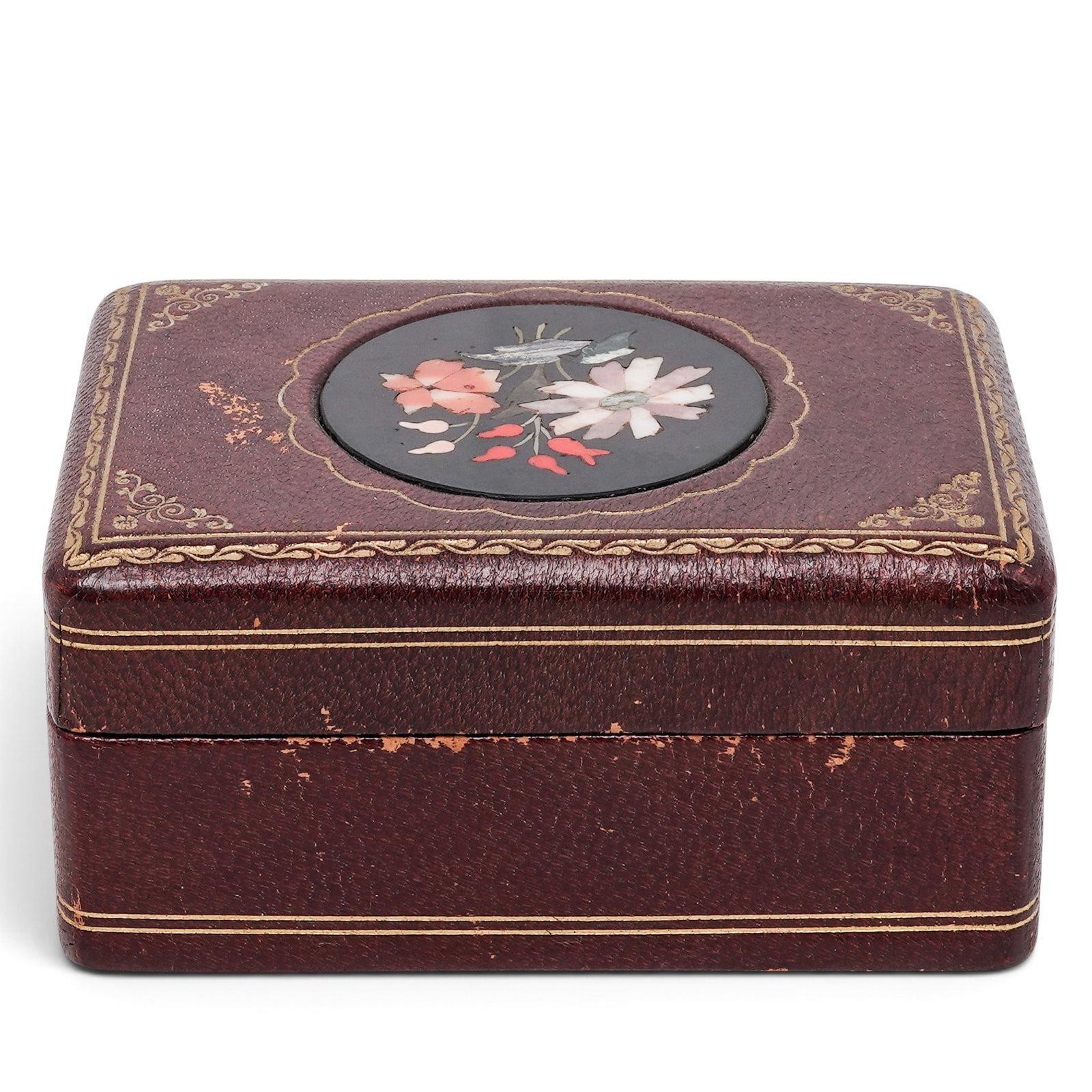 Antique Leather Wood & Pietra Dura Jewelry Box: Antique Leather Wood & Pietra Dura Jewelry Box Late 19th to early 20th.Italian This antique Italian tooled leather jewelry box features a wood-lined interior and an authentic Pietra Dura hardstone med
