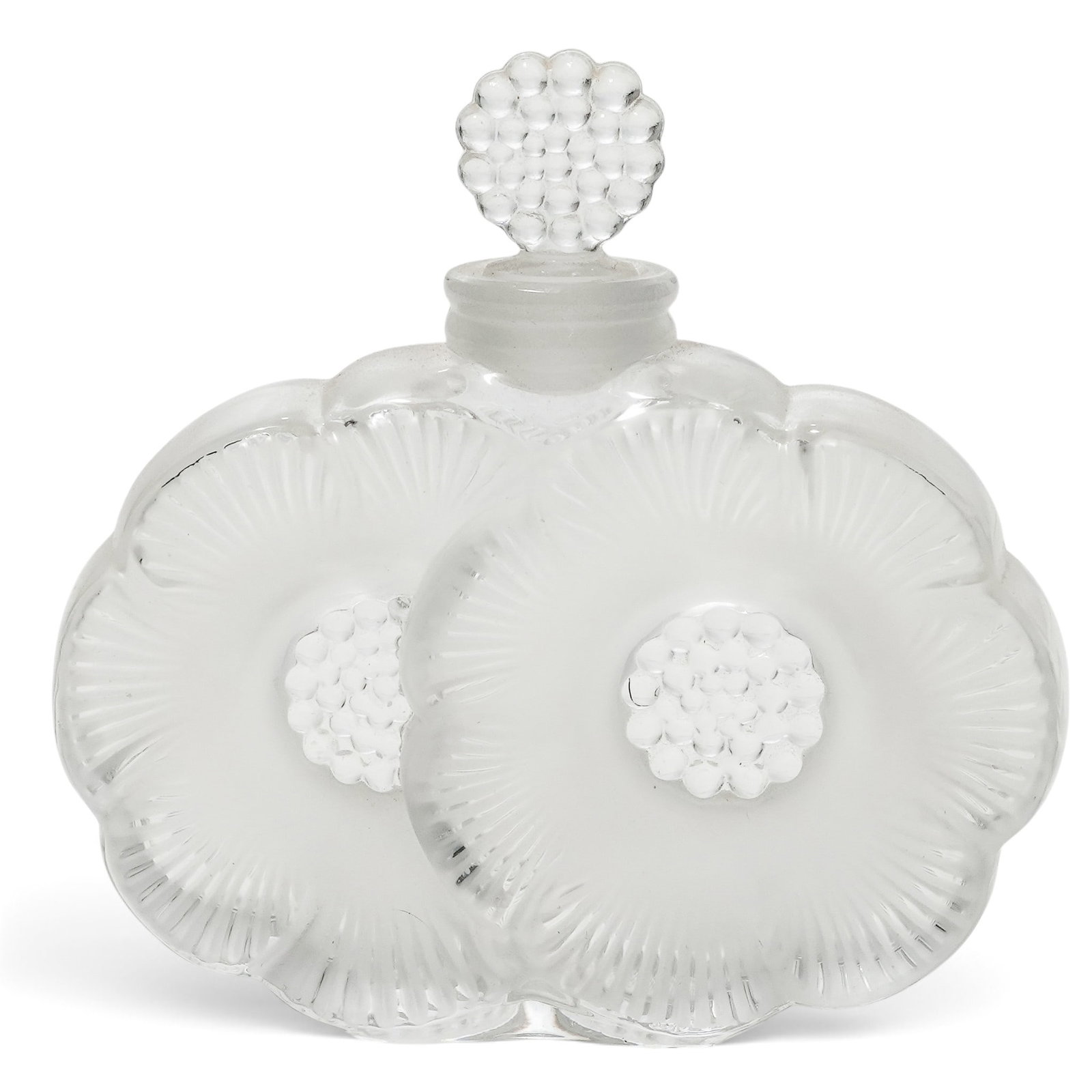 Lalique "Deux Fleurs" Crystal Perfume Bottle: Lalique "Deux Fleurs" Crystal Perfume Bottle 20th Cent., French Originally designed in glass by René Lalique in 1935, this iconic Art Deco flacon is fashioned out of two overlapping, blossoming anemo