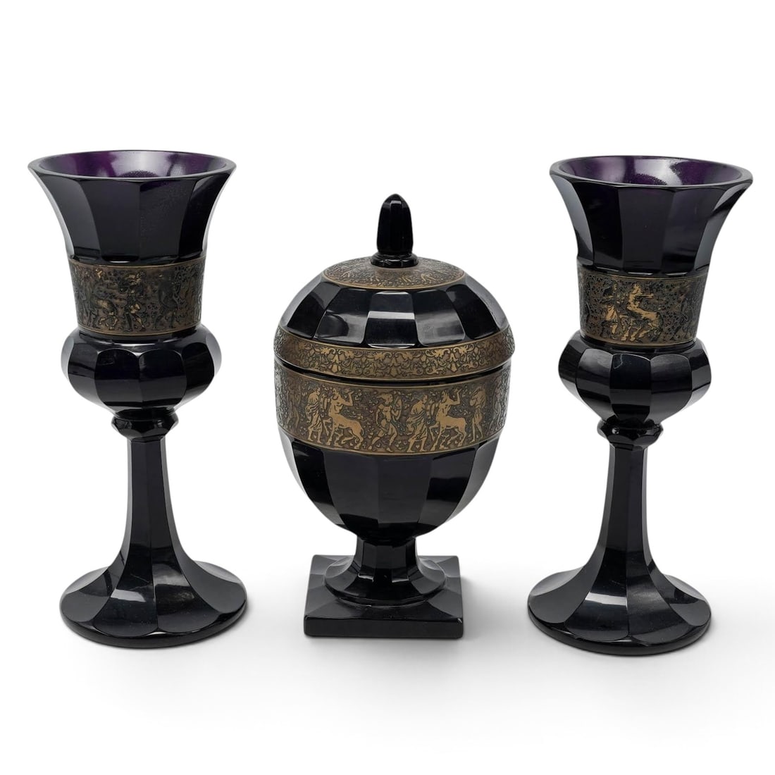 (3 pc) Moser Karlsbad Amethyst & Gilt Glass Vases & Lidded Compote (1 of 12)