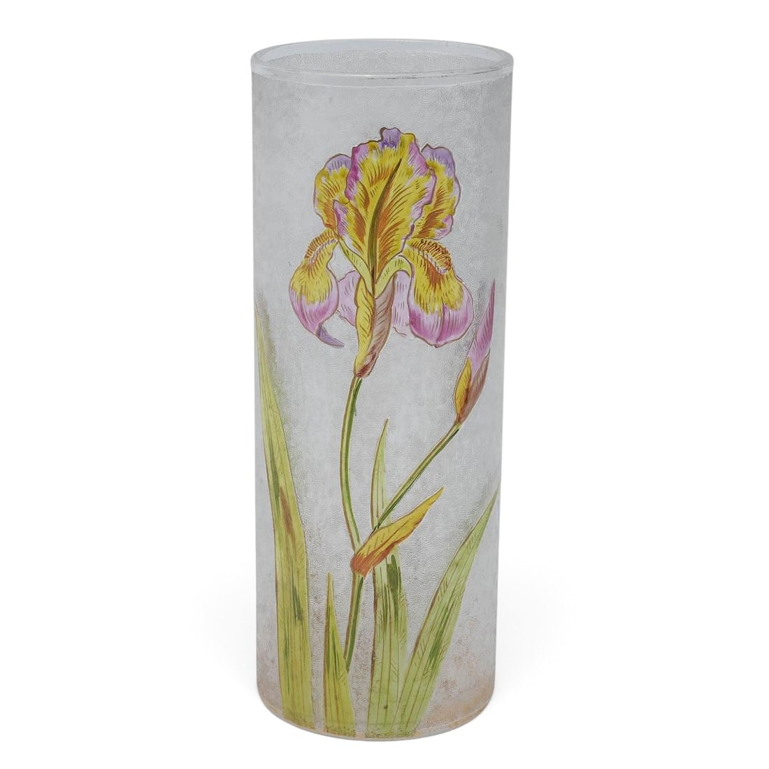 Large Baccarat Engraved & Enameled Iris Vase: Large Baccarat Engraved & Enameled Iris Vase Early 20th Century, France A large Baccarat tall cylindrical form vase, the acid-matte glass body featuring an intricately engraved textured ground and dec