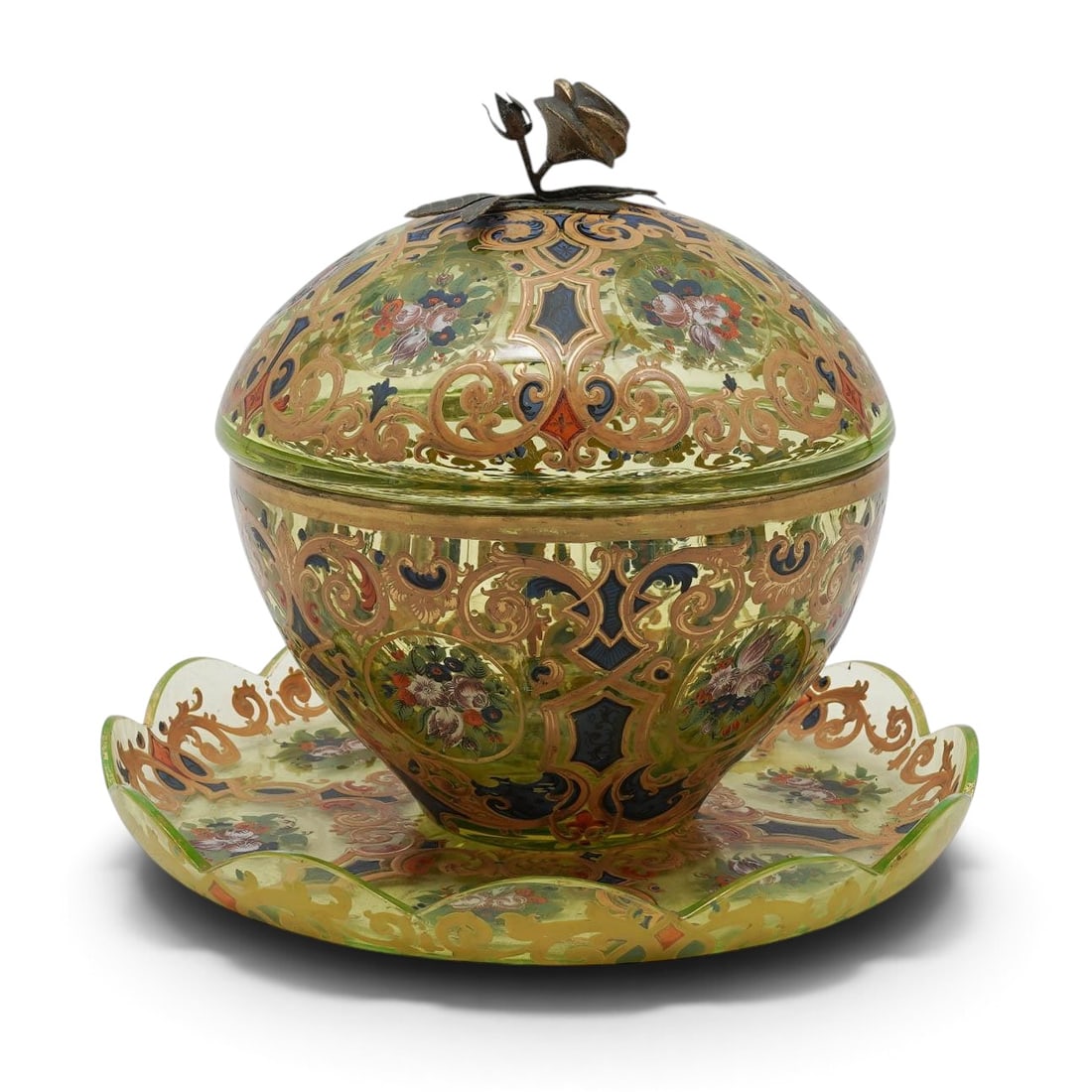 19th Cent. Uranium Glass Bonbonniere & Under Plate: 19th Cent. Uranium Glass Bonbonniere & Under Plate 19th Cent, Czechoslovakia Lidded Bonbonnieré and under plate, made from uranium glass, with painted floral motif, and a golden reverse glass