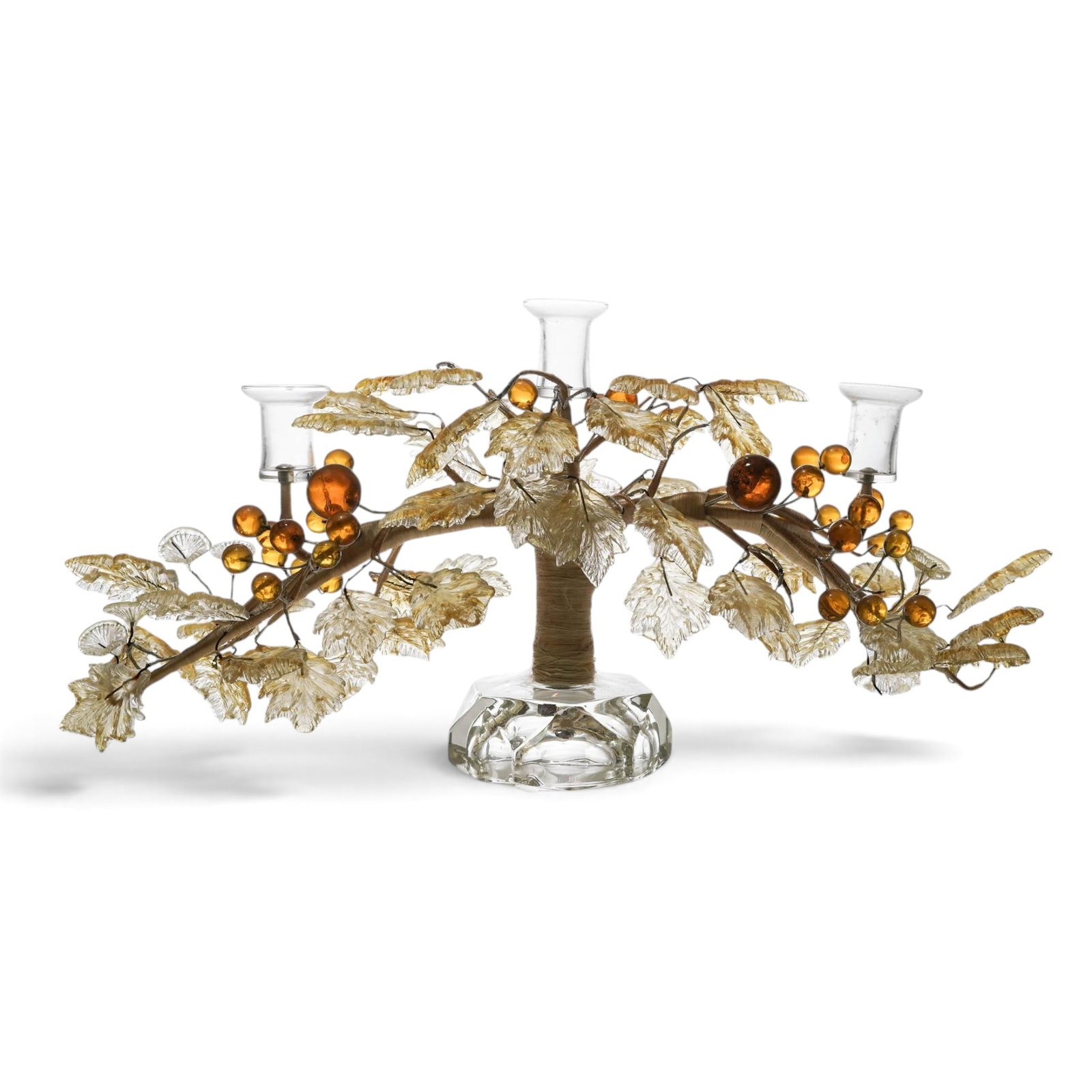 Large Venetian Amber & Clear Candelabra: Large Venetian Amber & Clear Candelabra Mid-to-late 20th-century, Italian Venetian art glass three-light candelabra featuring three candle holders connected by scrolling glass branches. Decorated