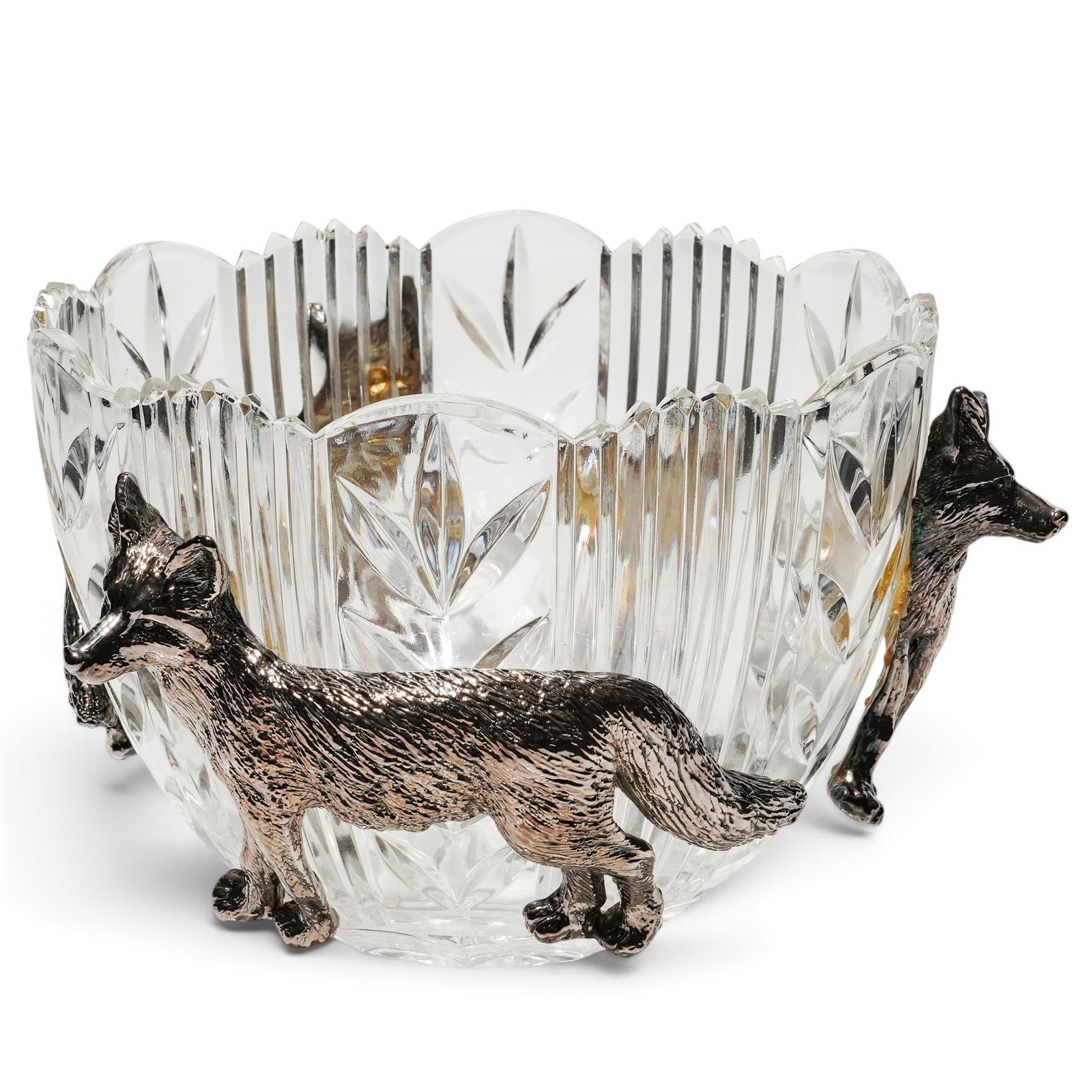 Vintage Sterling Silver Wolf Crystal Bowl: Vintage Sterling Silver Wolf Crystal Bowl 20th Cent, Likely USA Cut heavy lead crystal bowl with sterling silver (marked 925) wolves adhered to sides. H 5 1/2" x W 8"