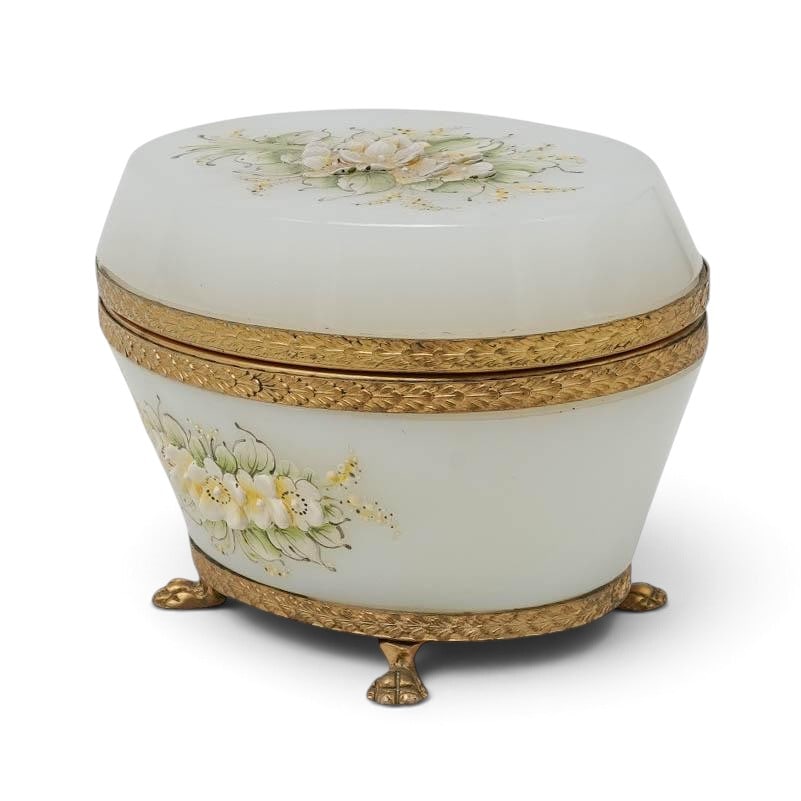 Antique French Opaline Glass and Brass Box: Antique French Opaline Glass and Brass Box Late 19th to early 20th Cent., French Antique French Belle Époque opaline glass trinket box featuring an oval form in milky-white glass. The domed hinged li