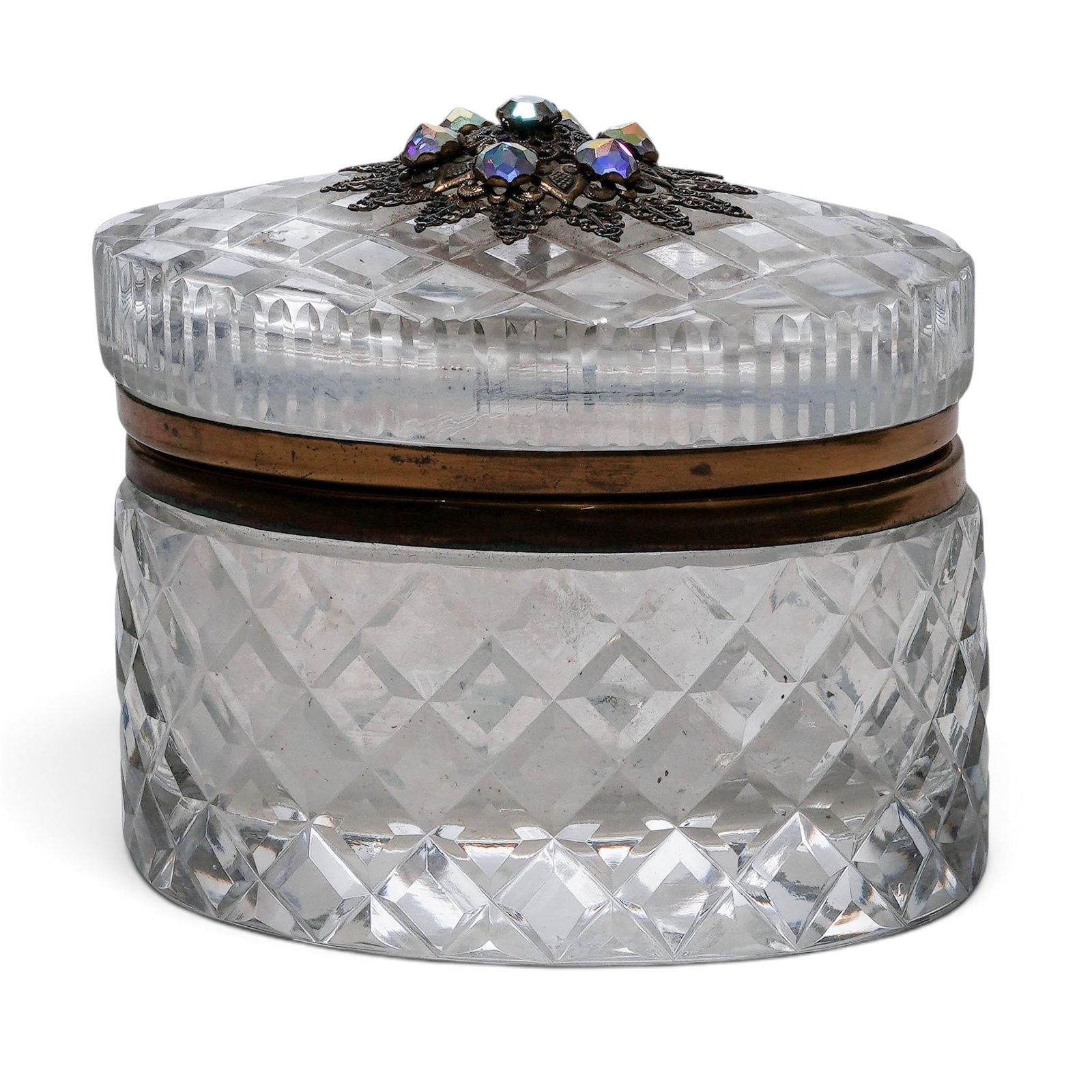 Vintage Cut Glass & Brass Oval Dresser Box: Vintage Cut Glass & Brass Oval Dresser Box Mid 20th Century, USA Vintage oval dresser box featuring a clear cut-glass body and domed, faceted lid, accented by a gilt-brass band and fitted with a