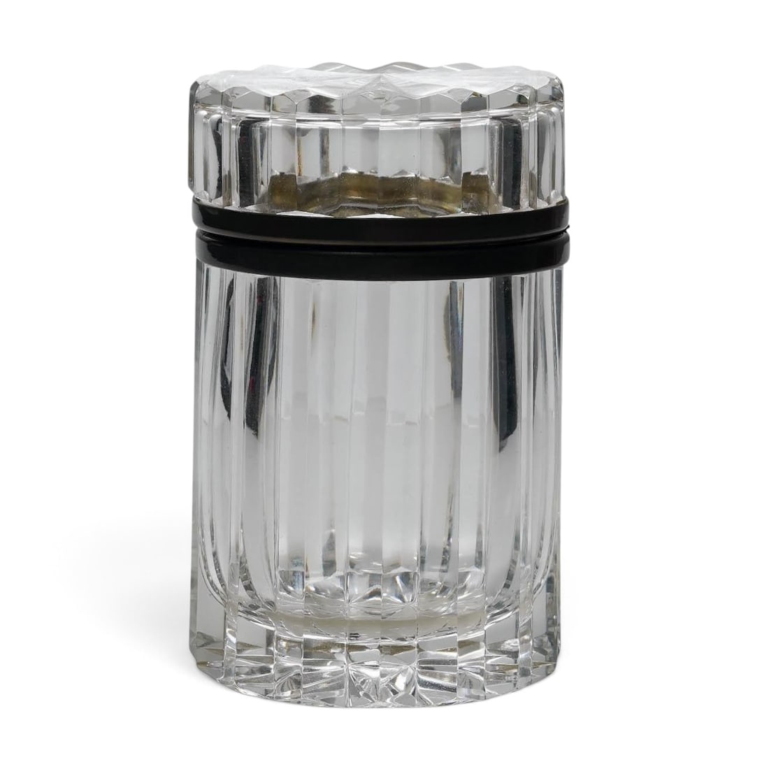 Antique Cut Crystal Cylindrical Box: Antique Cut Crystal Cylindrical Box Late 19th Century, France An antique cut crystal cylindrical box with a substantial faceted body and fitted circular lid, the lid decorated with a radiating