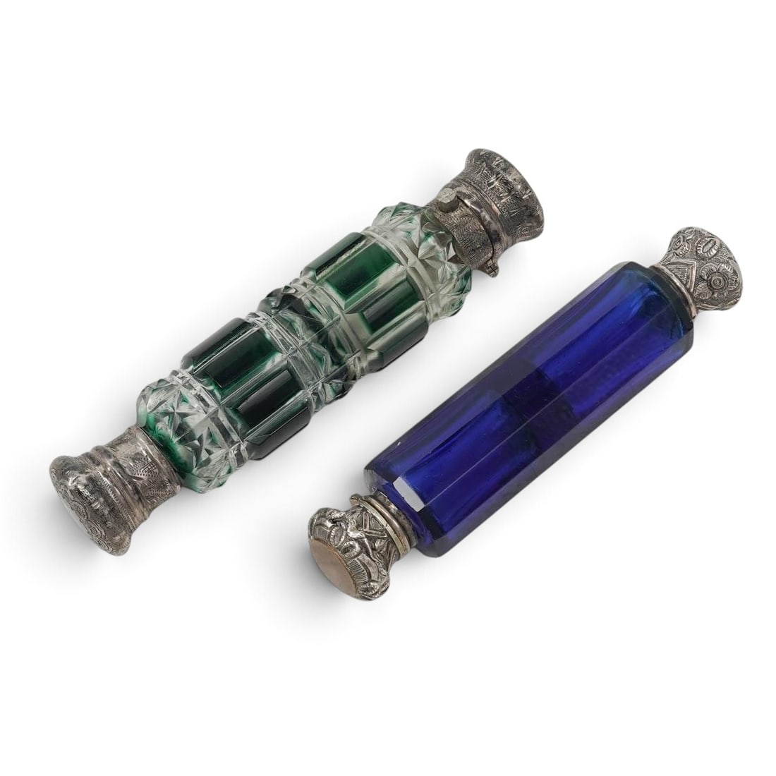 (2 pc) Victorian Cut Glass & Sterling Silver Double Ended Scent Bottles (1 of 11)