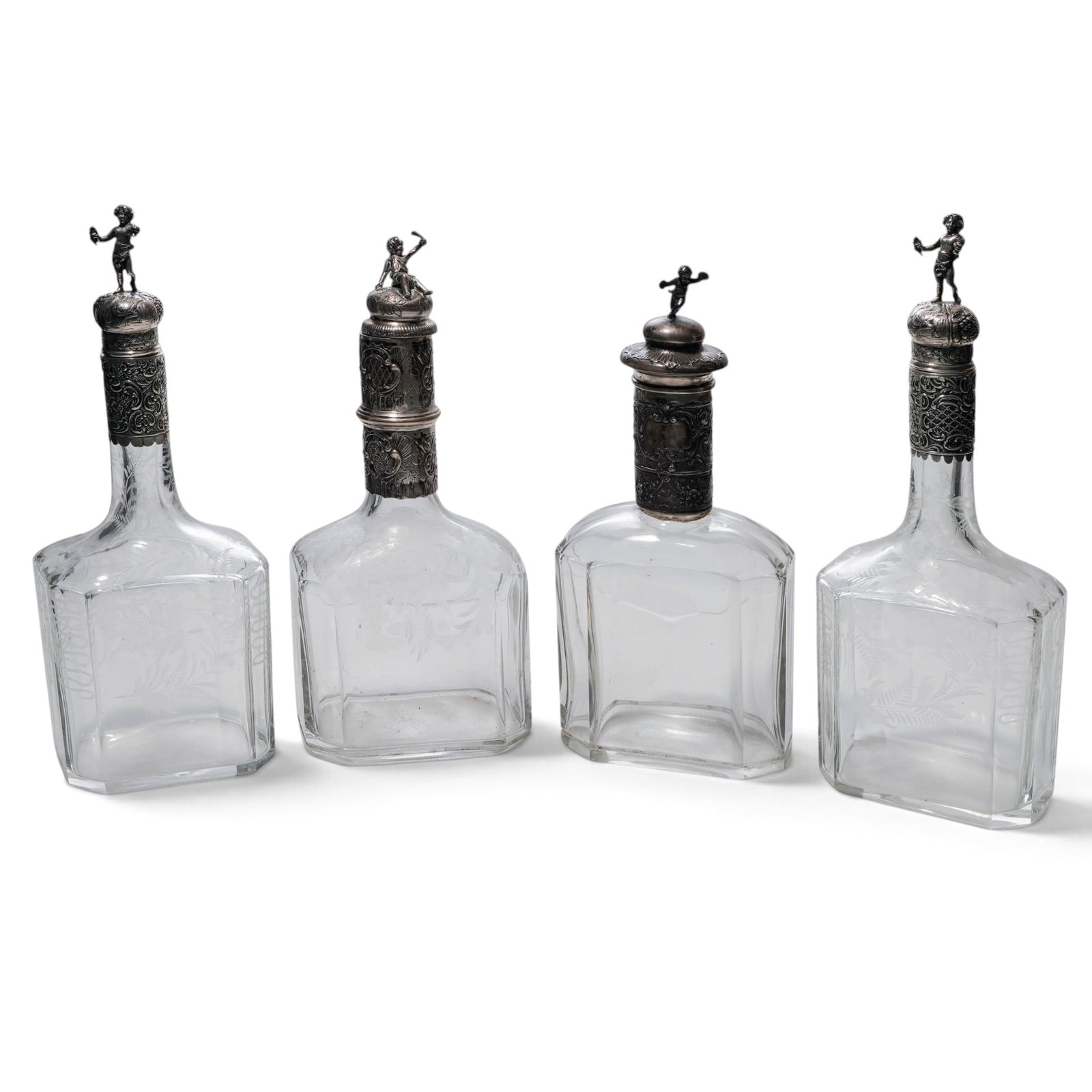 (4 pc) Antique German Figural Finial & Etched Glass Decanters (1 of 5)