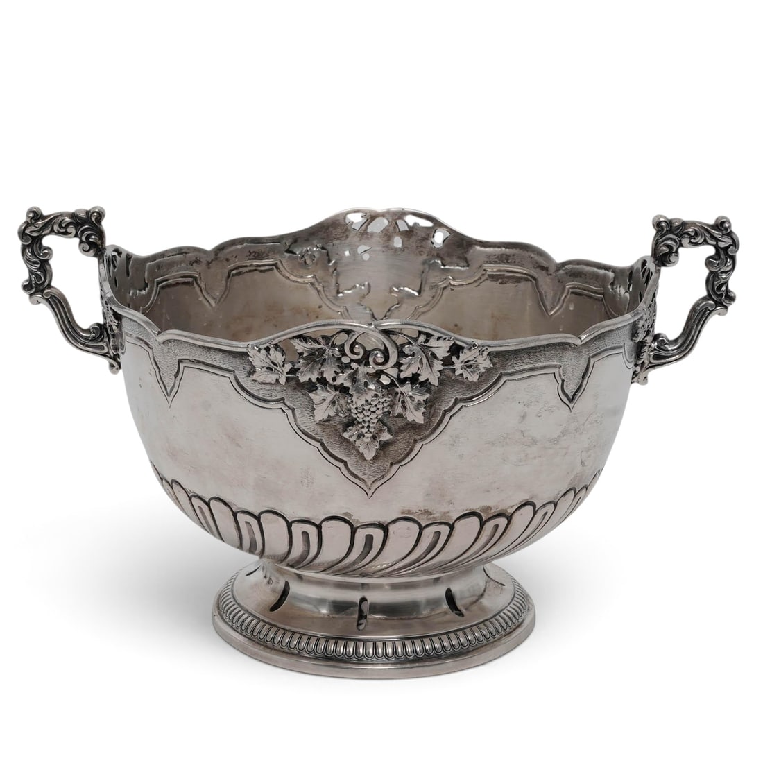 Italian 800 Silver Monteith Bowl: Italian 800 Silver Monteith Bowl c. 1944-1968, Italian Mid-20th century Italian .800 silver Monteith-style centerpiece bowl featuring a scalloped notched rim with ornate repoussé grape clusters and