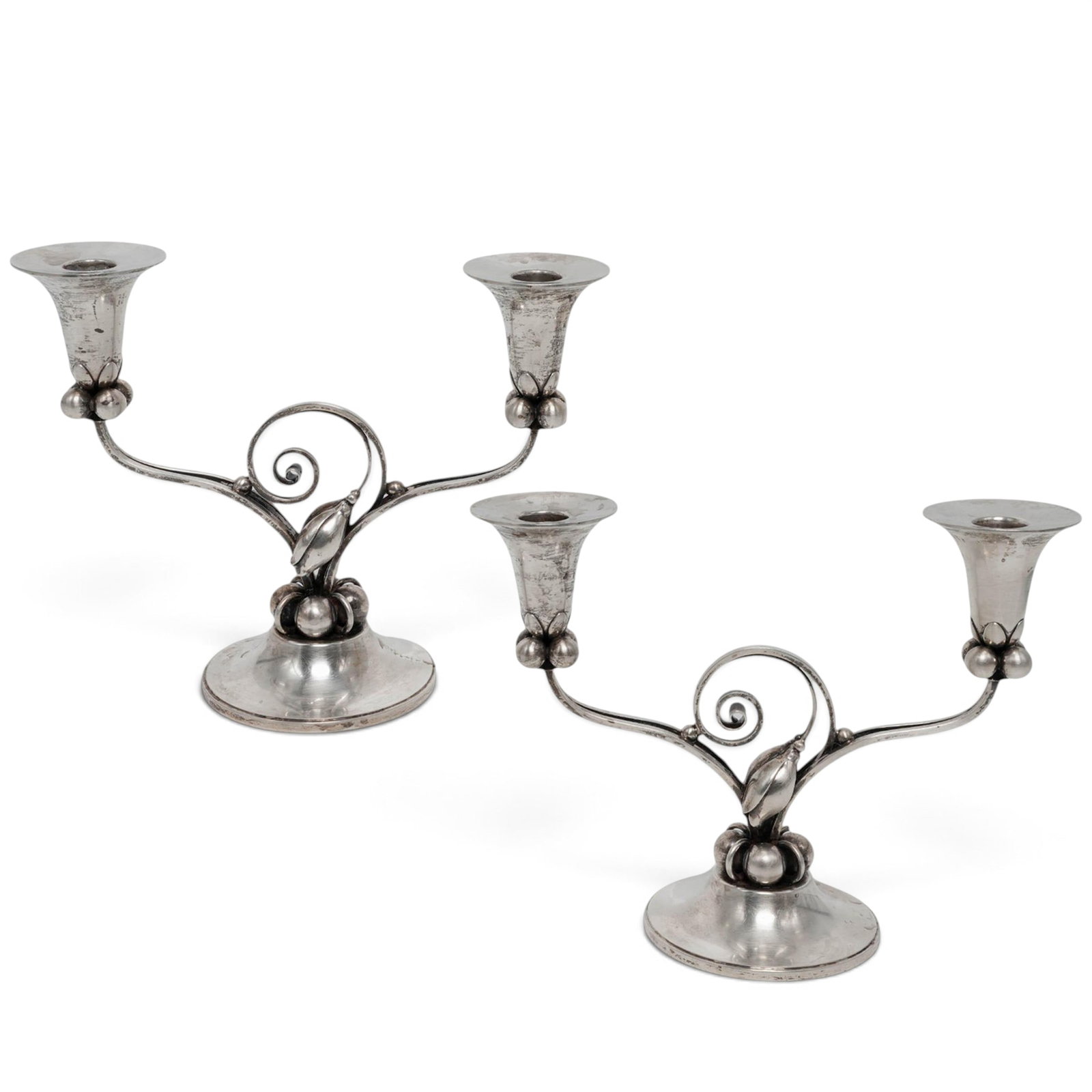 Pair Of Alphonse La Paglia Sterling Candelabras: Pair Of Alphonse La Paglia Sterling Candelabras Mid 20th Cent., Italian Pair of International Silver Co. sterling silver two-light candelabra designed by Alphonse La Paglia, featuring an Art Nouveau R