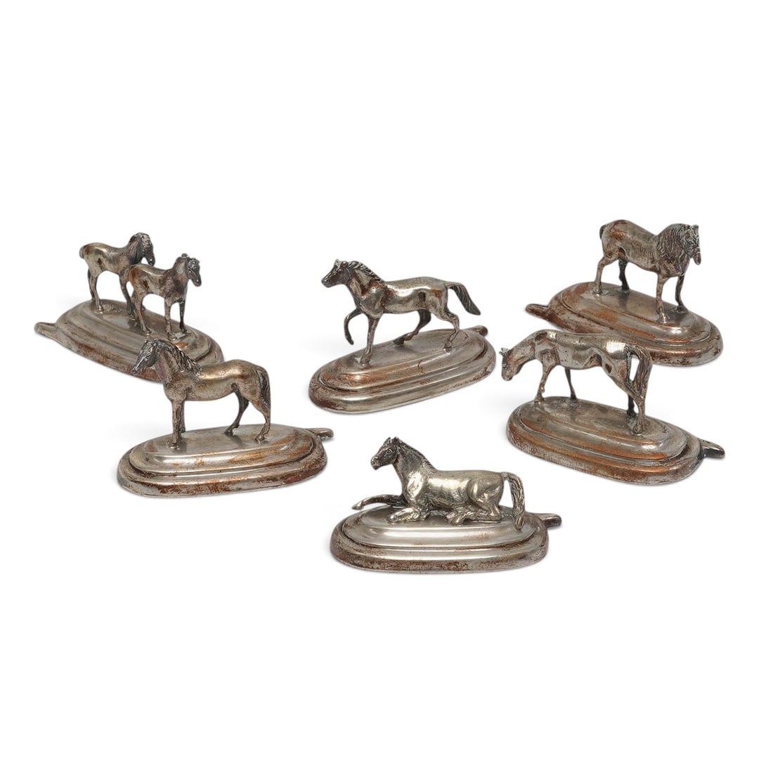 (6 pc) Italian 800 Silver Equestrian Place Card Holders: (6 pc) Italian 800 Silver Equestrian Place Card Holders 19th - Early 20th Cent, Italy Six place card holders, marked 800 and FL215 on underside depicting being made in Florence, Italy. Each piece shap