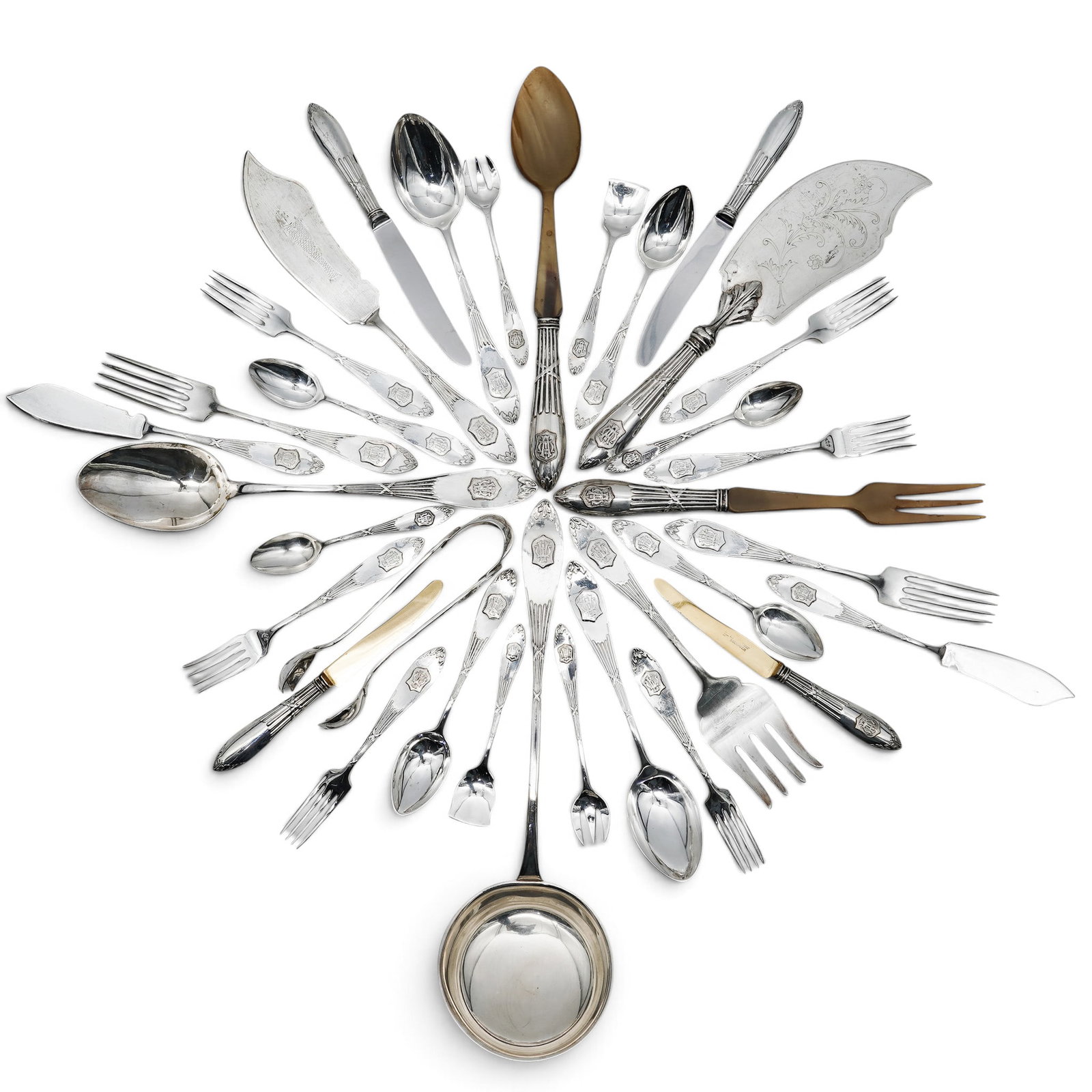 (199pc) Large Antique Italian 800 Silver Flatware: (199pc) Large Antique Italian 800 Silver Flatware Mid 20th Cent. Italian Large Italian .800 silver flatware service featuring heavily embossed scrollwork, scalloped borders, and monogrammed handles.