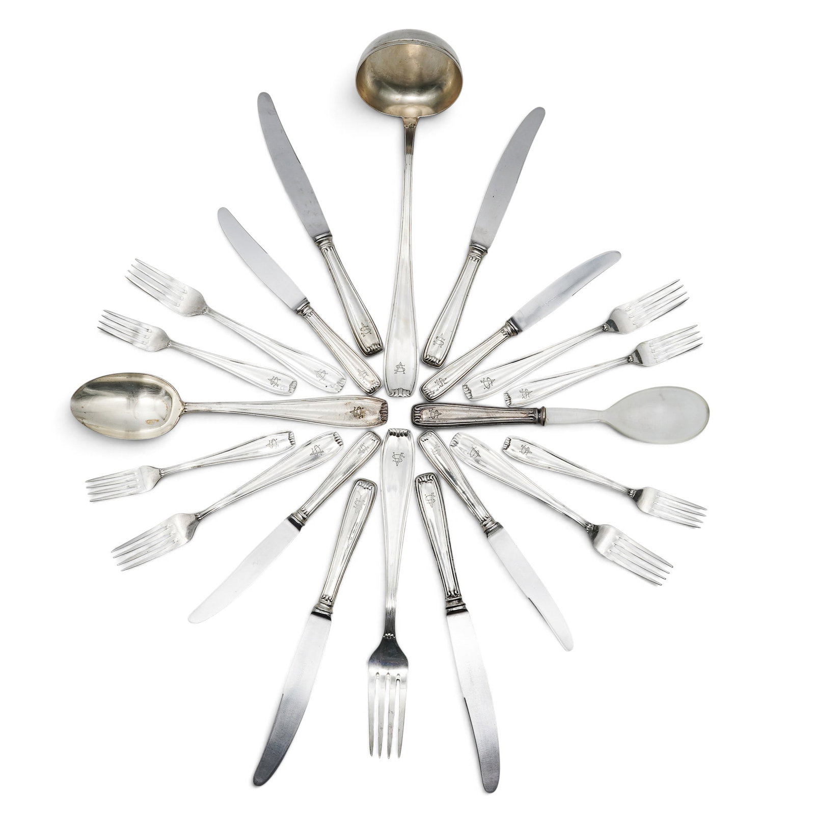 (67 pc) European 800 Silver Flatware Set: (67 pc) European 800 Silver Flatware Set Late 19th - Mid 20th Cent, European European 800 Silver Flatware Set (9) Dinner knives (12) Dessert knives (21) Dinner forks (9) Dessert forks (11) Soup spoons