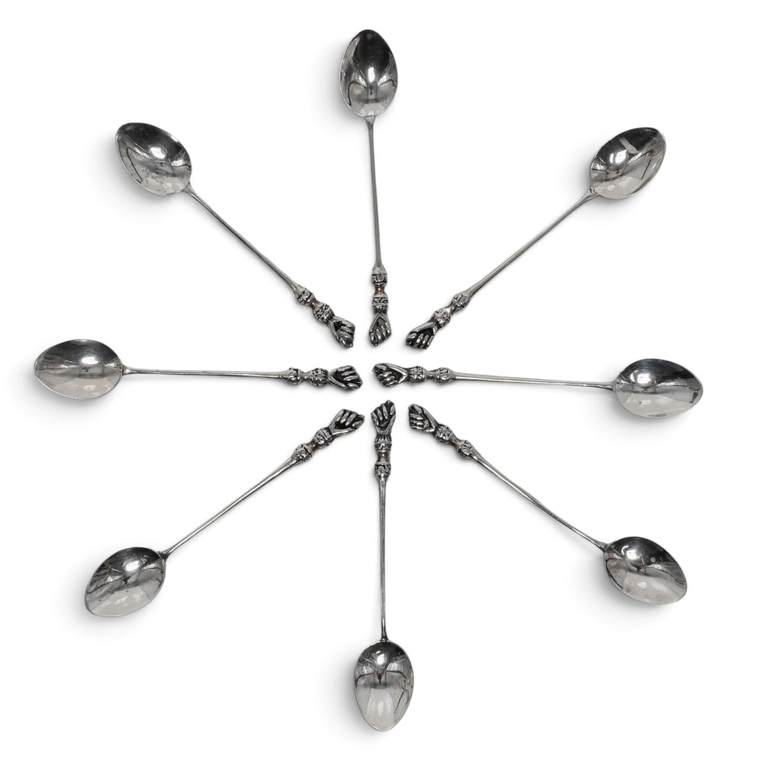 (8pc) Vinatge Silver Demitasse Spoons: (8pc) Vinatge Silver Demitasse Spoons Mid 20th Cent Set of 8 vintage silver demitasse spoons featuring figural handles shaped as the Horned Hand protection charm. The spoons display slender stems