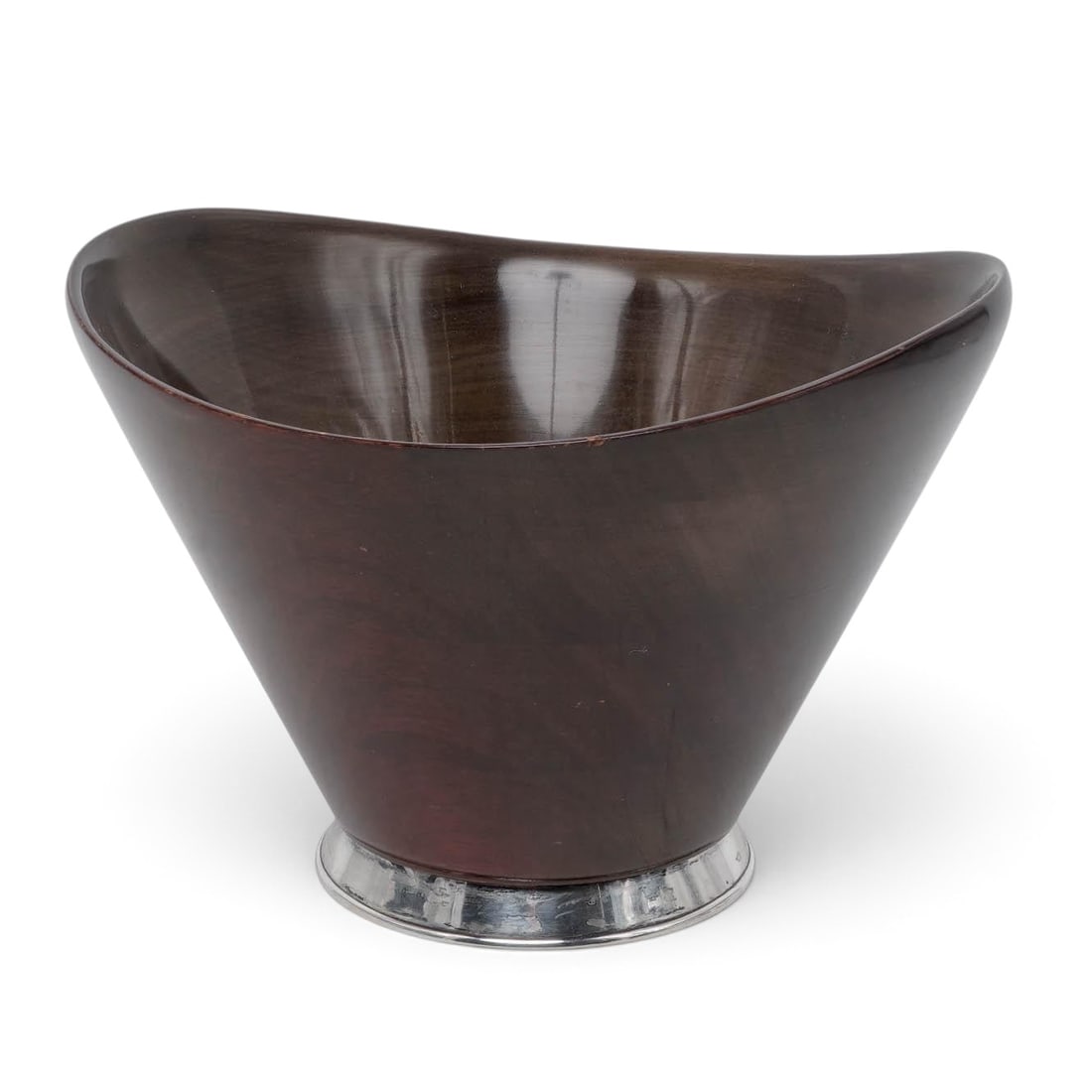 Jelba Sterling Silver Mounted Mahogany Bowl: Jelba Sterling Silver Mounted Mahogany Bowl Mid 20th Cent, Danish Oval shaped large mahogany bowl, mounted on a sterling silver base. Base marked "sterling" on underside. H 8" x W 11 1/2" D 11 1/4"