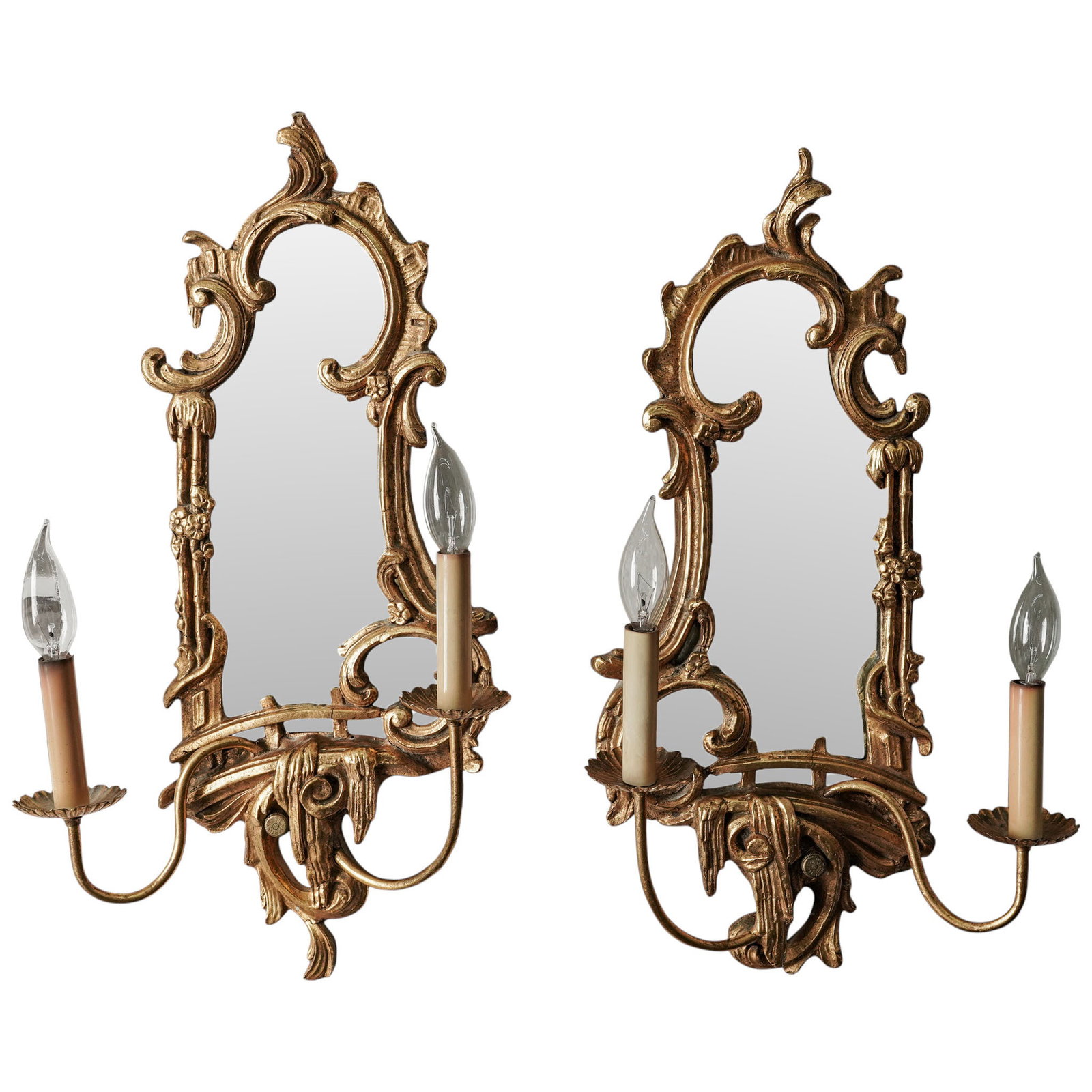 Pair Rococo Style Carved Giltwood Mirrored Wall Sconces (1 of 4)
