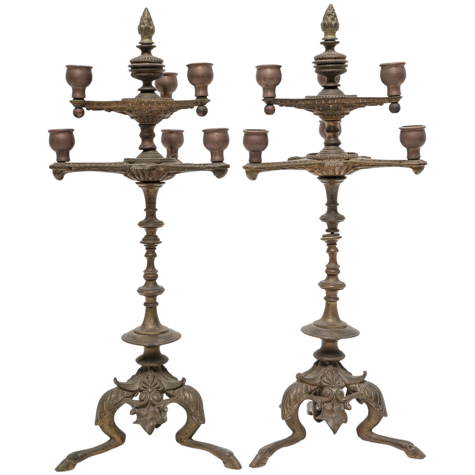 Pair of French Renaissance Revival Bronze Candelabras: Pair of French Renaissance Revival Bronze Candelabras Late 19th Century, France A pair of French Renaissance Revival bronze candelabras, each featuring a tall baluster-form stem, tiered foliate orname