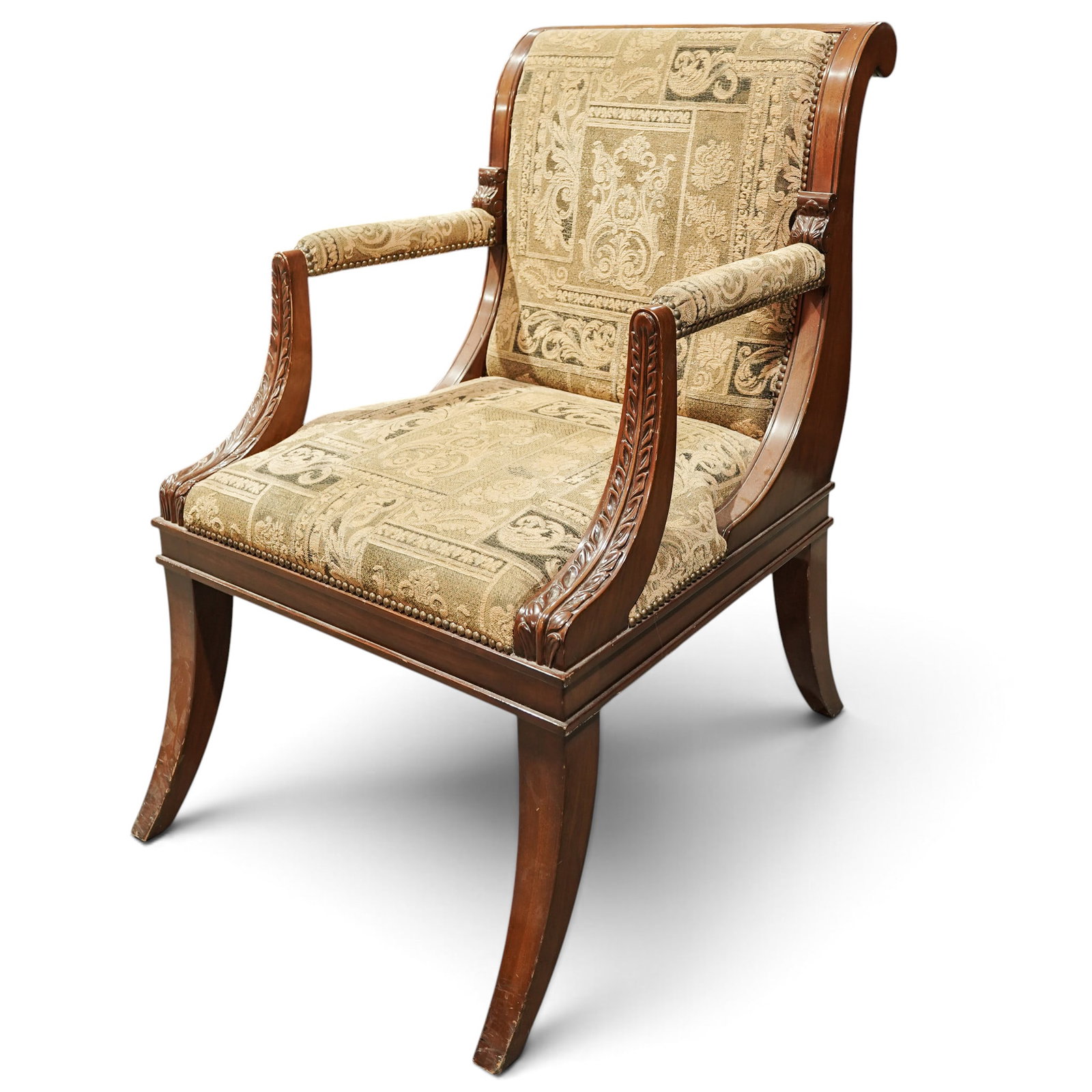 Neoclassical Revival Accent Armchair: Neoclassical Revival Accent Armchair 20th century Vintage Neoclassical revival accent armchair, featuring acanthus leaf carvings along the wooden arms and classical damask/tapestry upholstery outlined