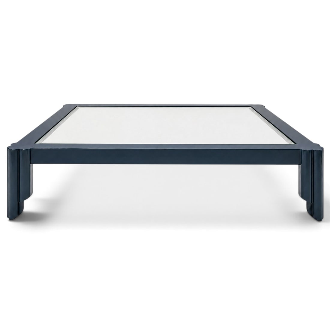 Mid Cent. Blue Lacquered Wood & Glass Coffee Table: Mid Cent. Blue Lacquered Wood & Glass Coffee Table Mid-Late 20th Century, USA Vintage Art Deco style rectangular coffee table with a blue lacquered wood frame and clear glass top, supported by