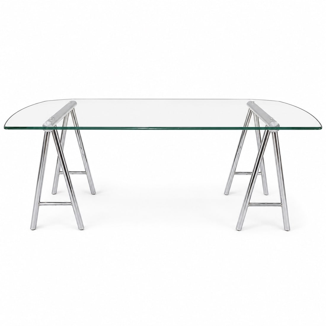 Contemporary Chrome Sawhorse Glass Top Table (1 of 5)