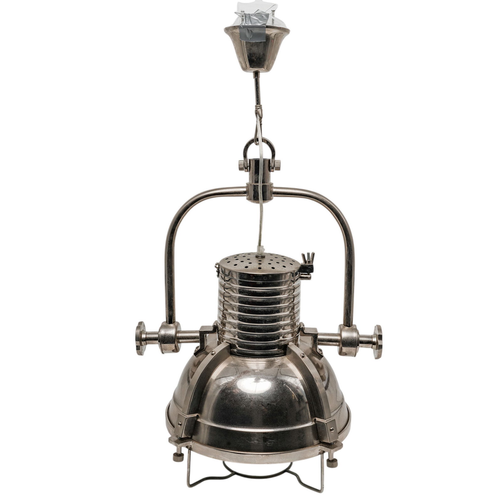 Vintage Nautical Industrial Lantern Pendant Lamp: Vintage Nautical Industrial Lantern Pendant Lamp Late 20th Century, USA Vintage nautical-style industrial pendant lamp featuring a polished metal domed body, ribbed cylindrical vent, tubular suspensio