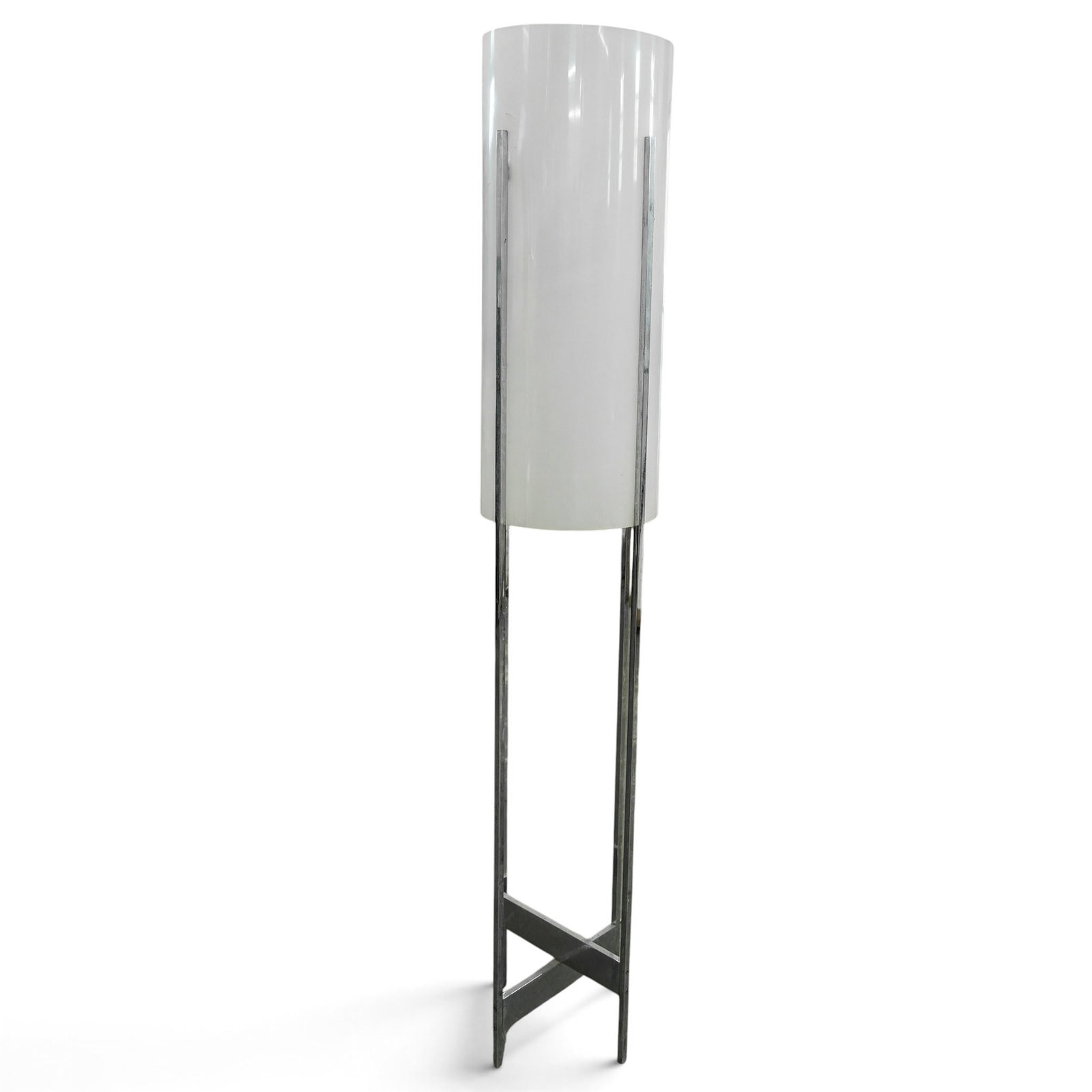 Paul Mayen for Habitat Cylindrical Floor Lamp: Paul Mayen for Habitat Cylindrical Floor Lamp Mid - 20th Cent, USA Designed by Paul Mayen for Habitat, this mid-century modern floor lamp pairs a sleek, cylindrical white acrylic shade with a bold chr