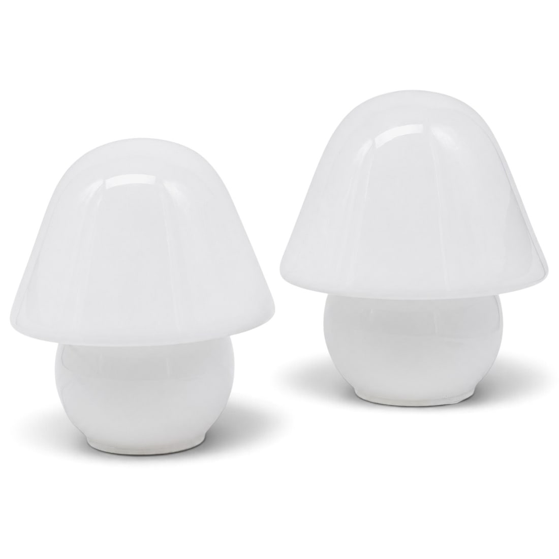 Pair of Murano Mushroom Table Lamps: Pair of Murano Mushroom Table Lamps Late 20th Century, USA A pair of mushroom-form table lamps, each featuring a white opaque glass shade of rounded domed form raised over a smaller bulbous base. The 