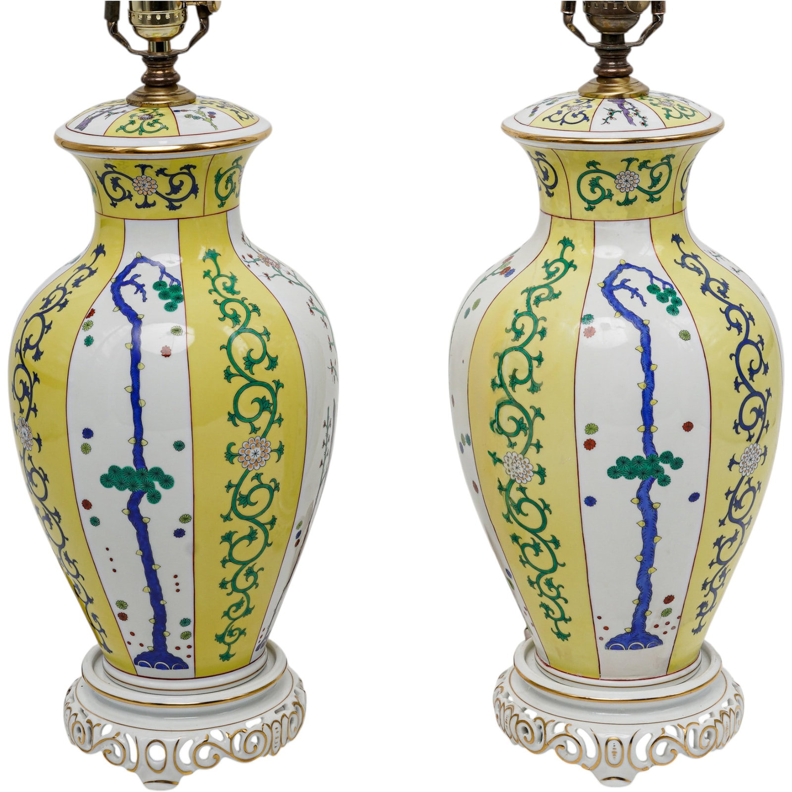 Pair Herend Yellow Dynasty Porcelain Lamps (1 of 6)