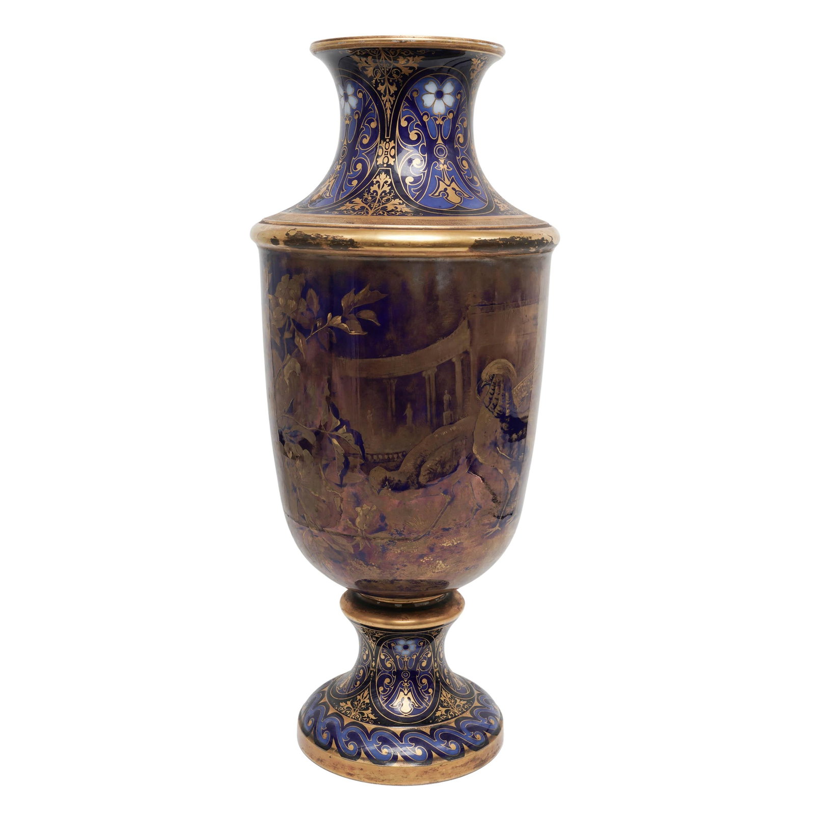 Large Antique French Cobalt Porcelain Vase: Large Antique French Cobalt Porcelain Vase Late 19th - Early 20th Cent, France Large cobalt blue porcelain French vase, with gilt bronze rims, base, and accently. Intricately painted woods scape and