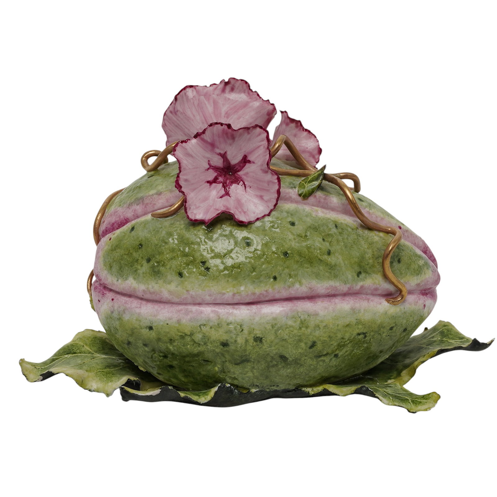 Katherine Houston Trompe l’oeil Melon Porcelain & Brass Sculpture: Katherine Houston Trompe l’oeil Melon Porcelain & Brass Sculpture c. 1990, USA Katherine Houston trompe l’oeil ceramic centerpiece sculpture depicting a realistically modeled melon with