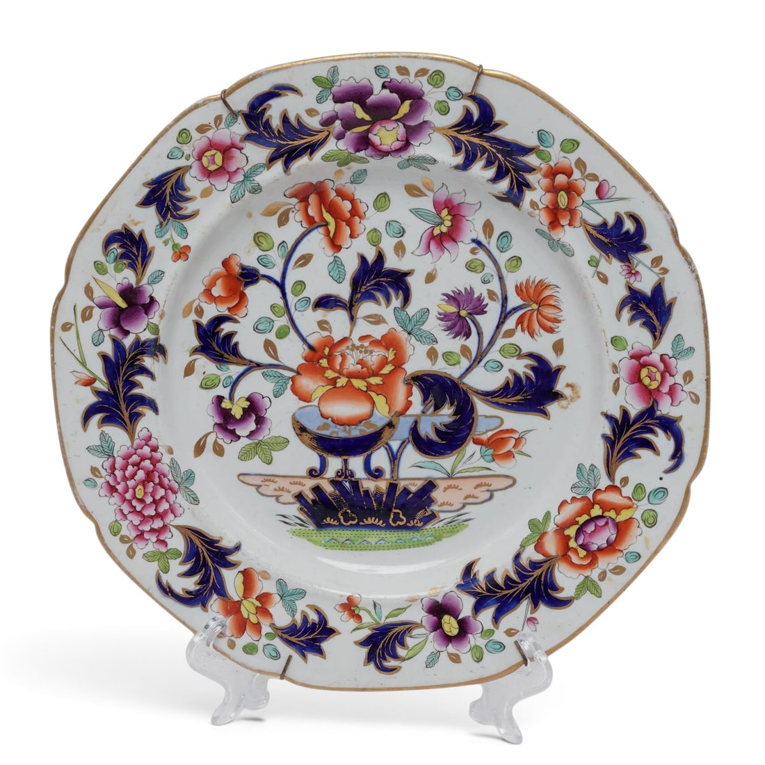 Hicks & Meigh Staffordshire Ironstone Plate: Hicks & Meigh Staffordshire Ironstone Plate c.1825–1840, English 19th century English Hicks & Meigh ironstone plate featuring a hand-painted Imari-style Chinoiserie floral basket motif. Decorated in